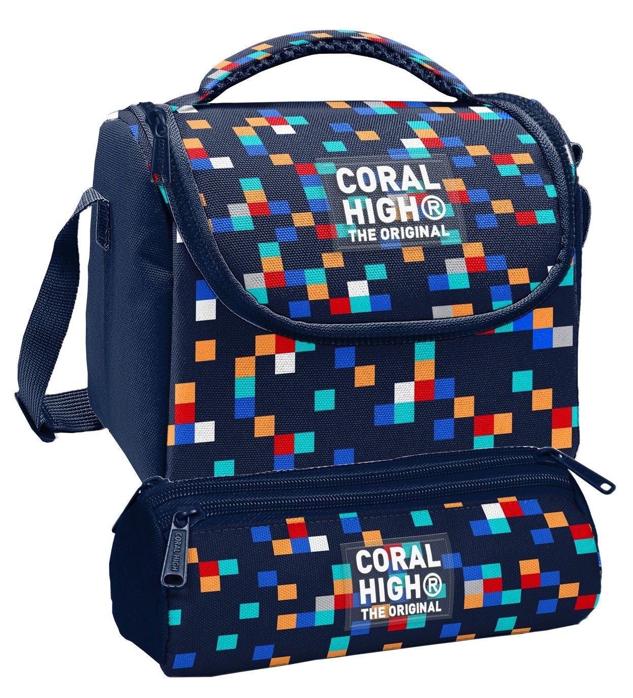 Coral High Beslenme Çantası ve Üç Gözlü Kalemlik Seti - Lacivert Çok Renli Geometrik Desenler Erkek Çocuk 37135