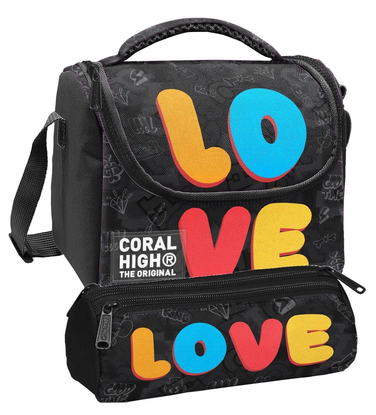 Coral High Beslenme Çantası ve Üç Gözlü Kalemlik Seti - Siyah Çok Renkli Love Baskılı Erkek Çocuk 37130