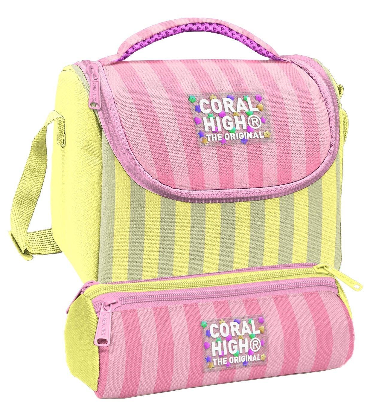 Coral High Beslenme Çantası ve Üç Gözlü Kalemlik Seti - Sarı Pembe Çizgi Desenli Kız Çocuk 37123