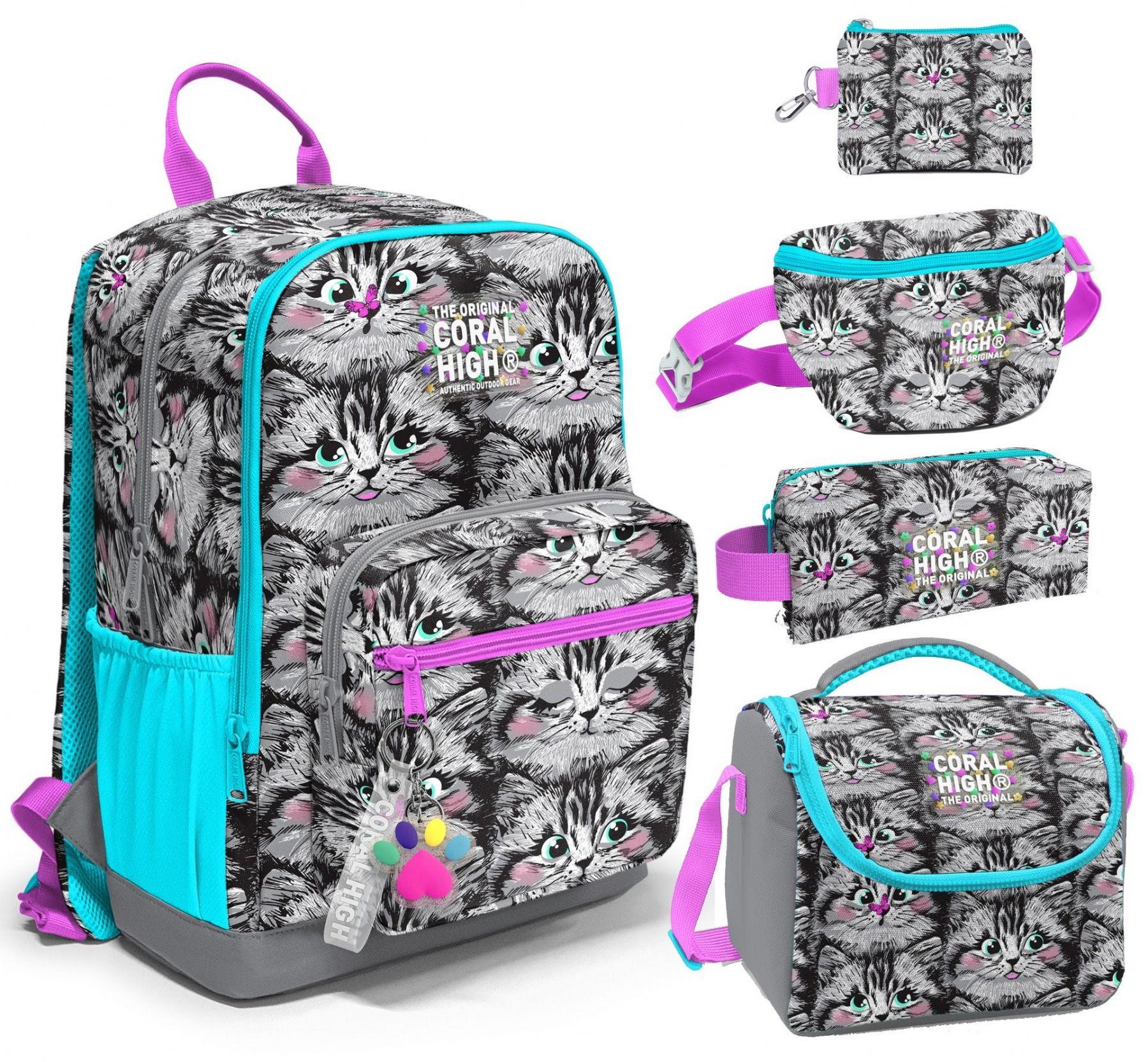 Coral High Beşli İlkokul/Ortaokul Çanta Seti - Gri Kedi - Kız Çocuk