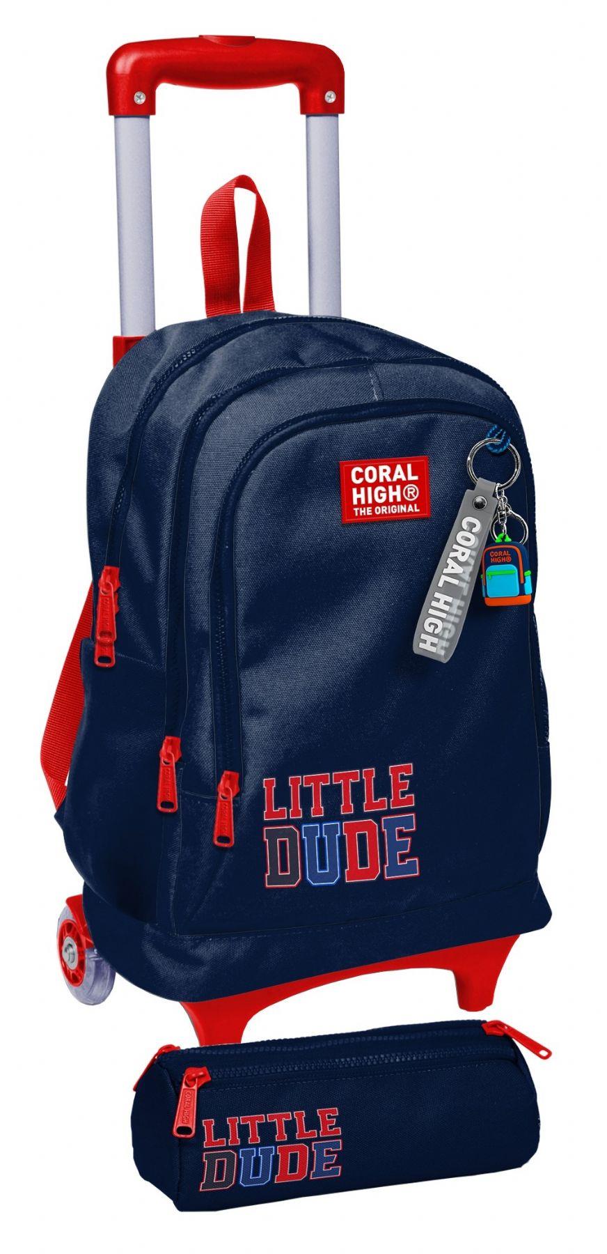 Coral High Çekçek Tekerlekli (Işıklı) Çanta ve Kalemlik - Erkek Çocuk - Lacivert Kırmızı Little Dude