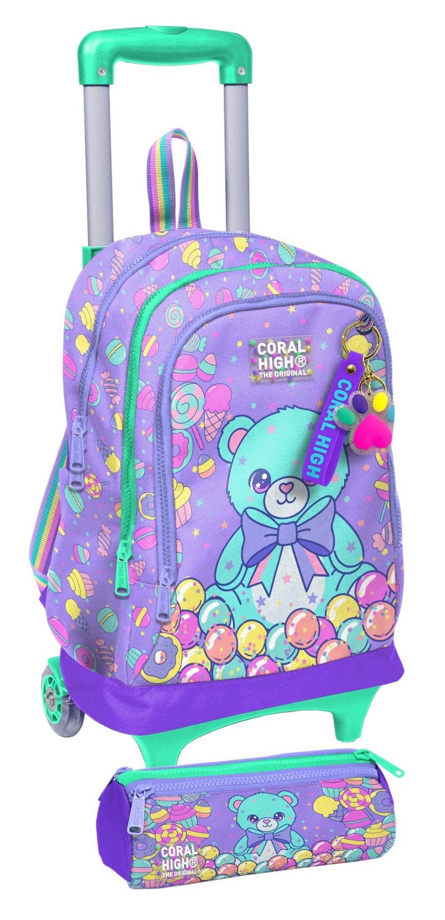 Coral High Çekçek Tekerlekli (Işıklı) Çanta ve Kalemlik - Kız Çocuk - Mor Yeşil Ayıcık