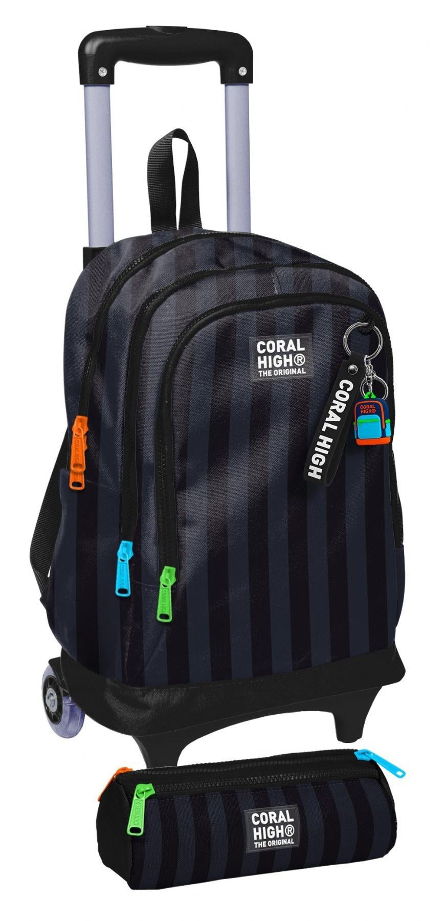 Coral High Çekçek Tekerlekli (Işıklı) Çanta ve Kalemlik - Erkek Çocuk - Siyah Gri Çizgi