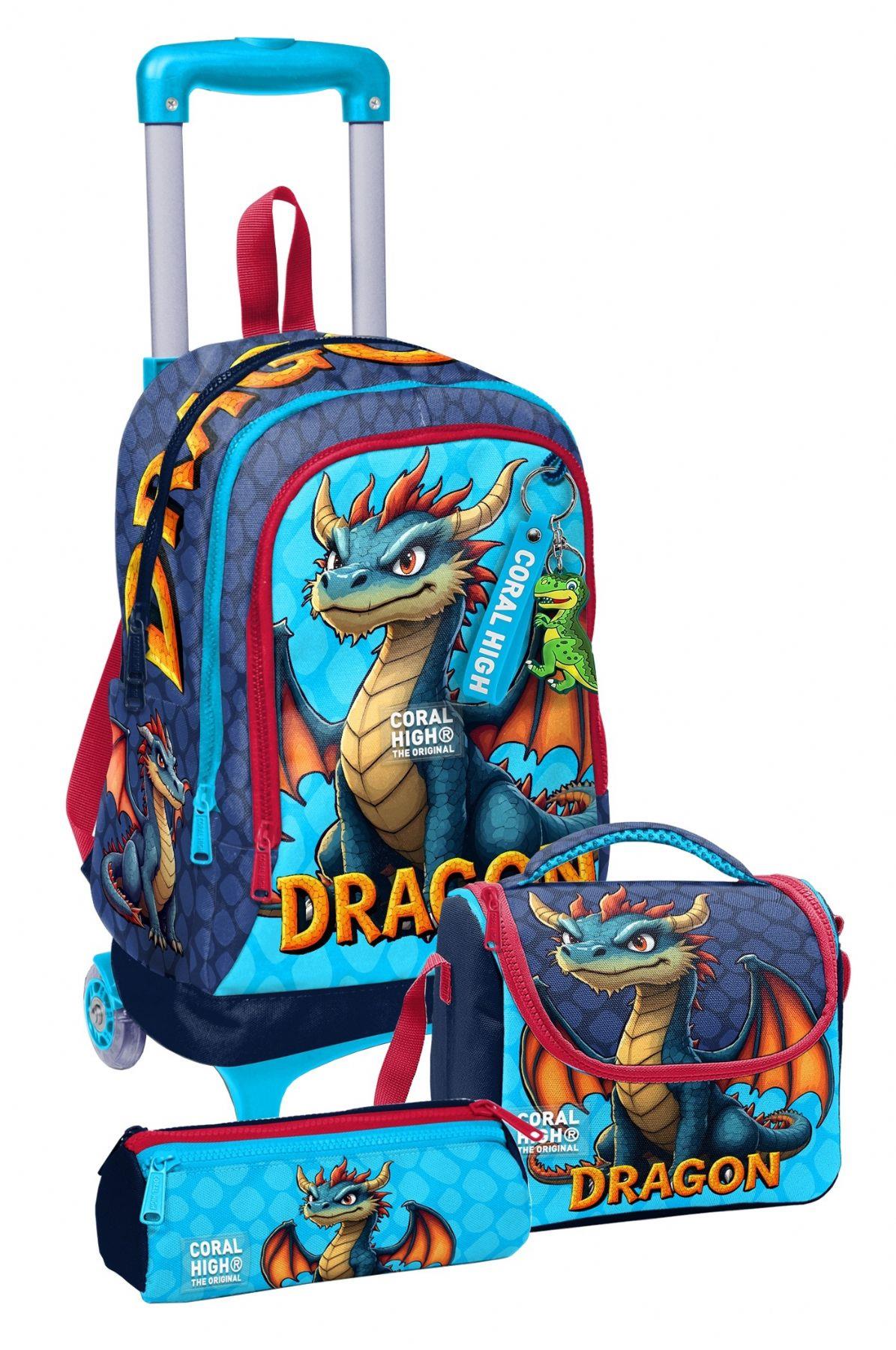Coral High Çekçek Tekerlekli Üçlü İlkokul Çanta Seti Mavi Sarı Dragon Desenli Erkek Çocuk SETYGN34013A