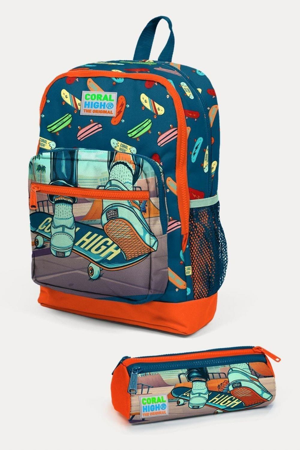 Coral High Civit Neon Turuncu Kaykay Desenli 2'li Okul Çanta Seti - Erkek Çocuk