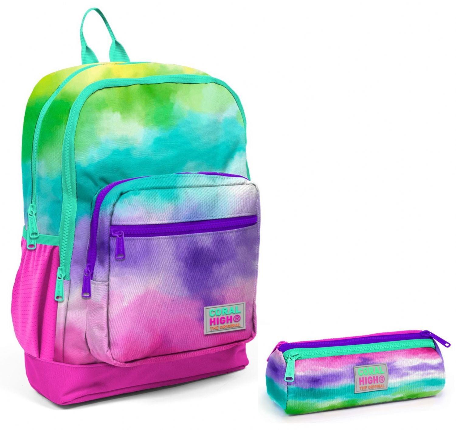 Coral High Çok Renkli Boyama İlkokul Sırt Çantası ve Kalemlik Seti - Kız Çocuk