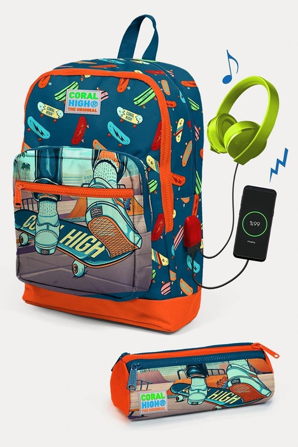 Coral High CoKids Civit Neon Turuncu Kaykay Desenli USB Girişli 2'li Okul Çanta Seti - Erkek Çocuk