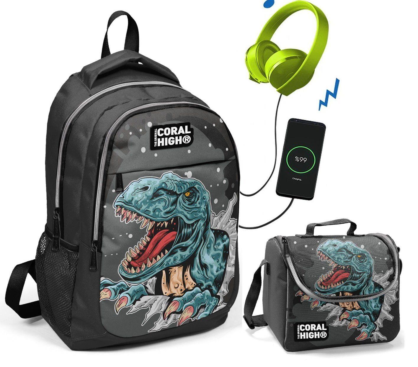 Coral High Dinazor Baskılı Okul ve Beslenme Çantası - Erkek - USB Soketli