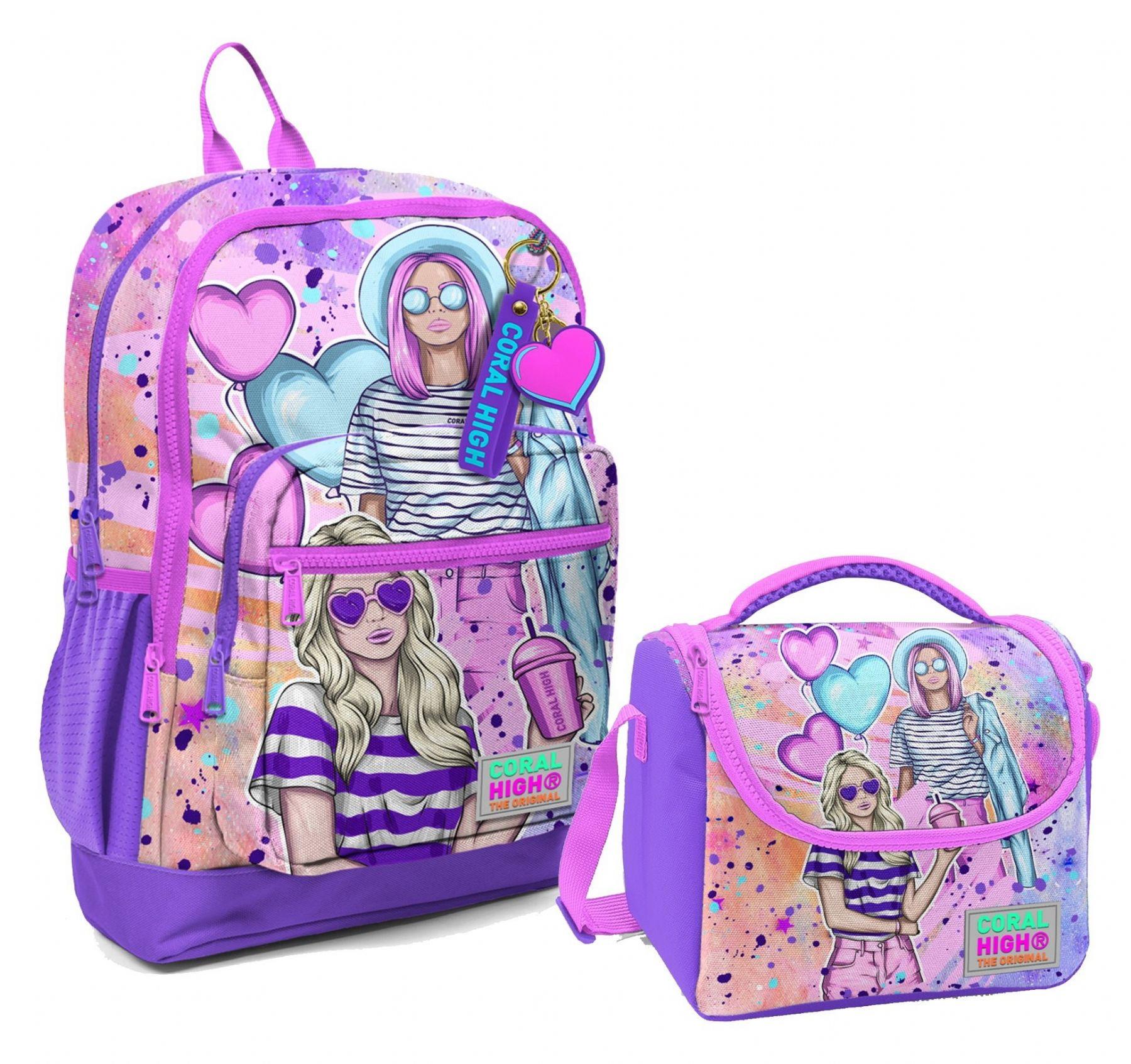 Coral High Dört Bölmeli Kız Çocuk Okul Sırt Çantası ve Beslenme Seti - Pembe Mor Fashion Girl