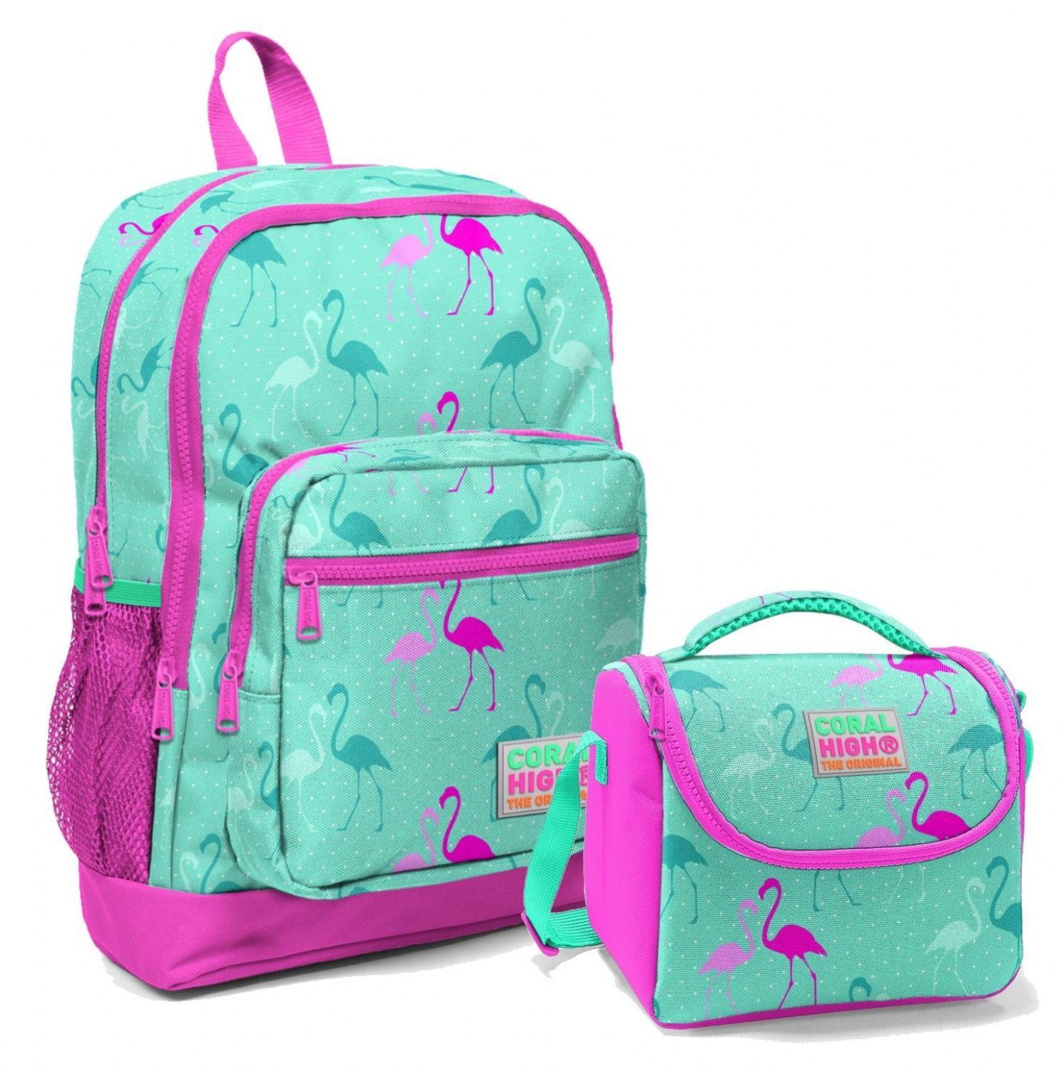 Coral High Dört Bölmeli Okul Sırt Çantası & Beslenme Çantası - Pembe Yeşil Flamingo - Kız Çocuk
