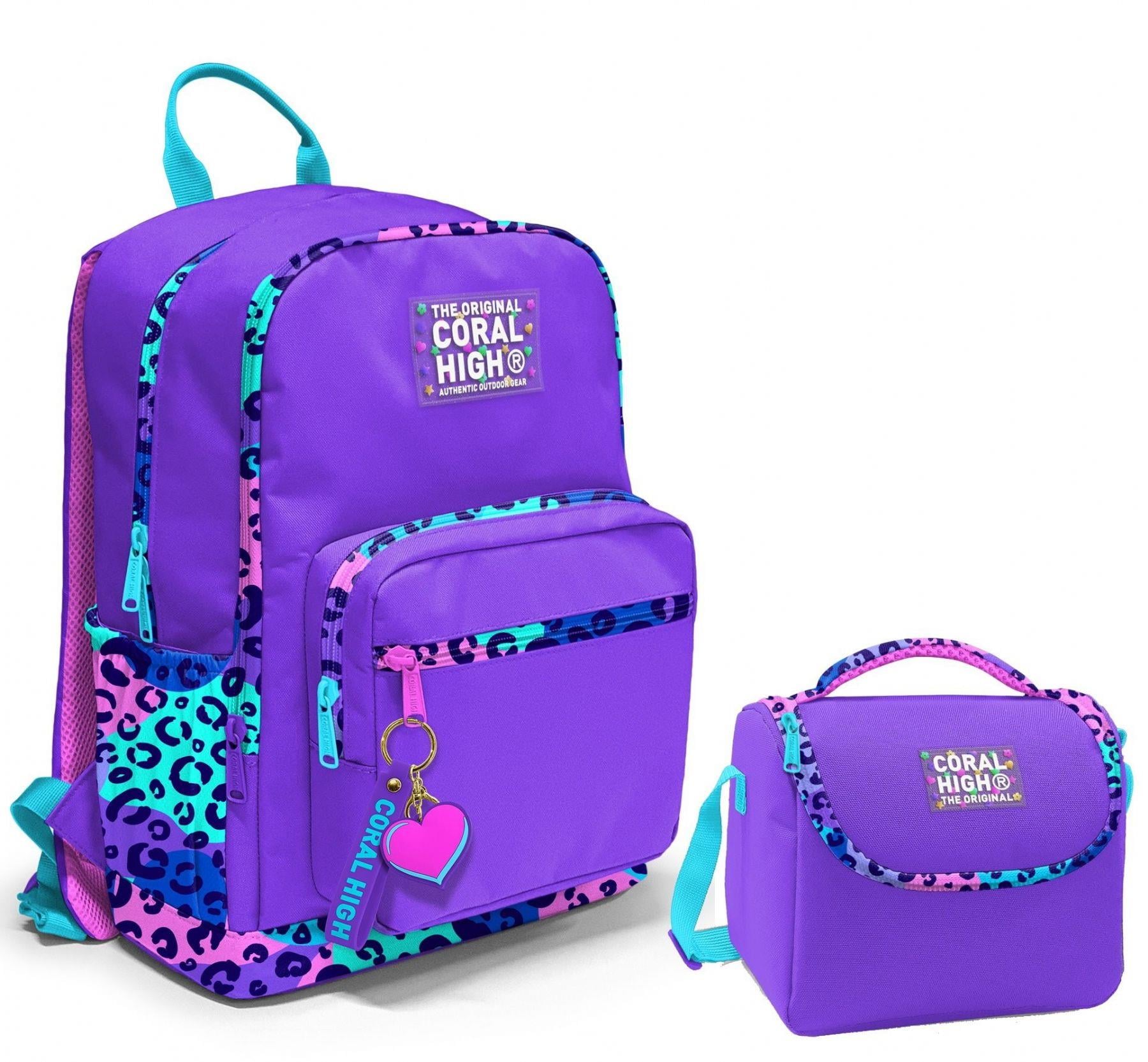 Coral High Dört Bölmeli Ortaokul Çantası ve Beslenme Çantası Seti - Mor Leopar - Kız Çocuk