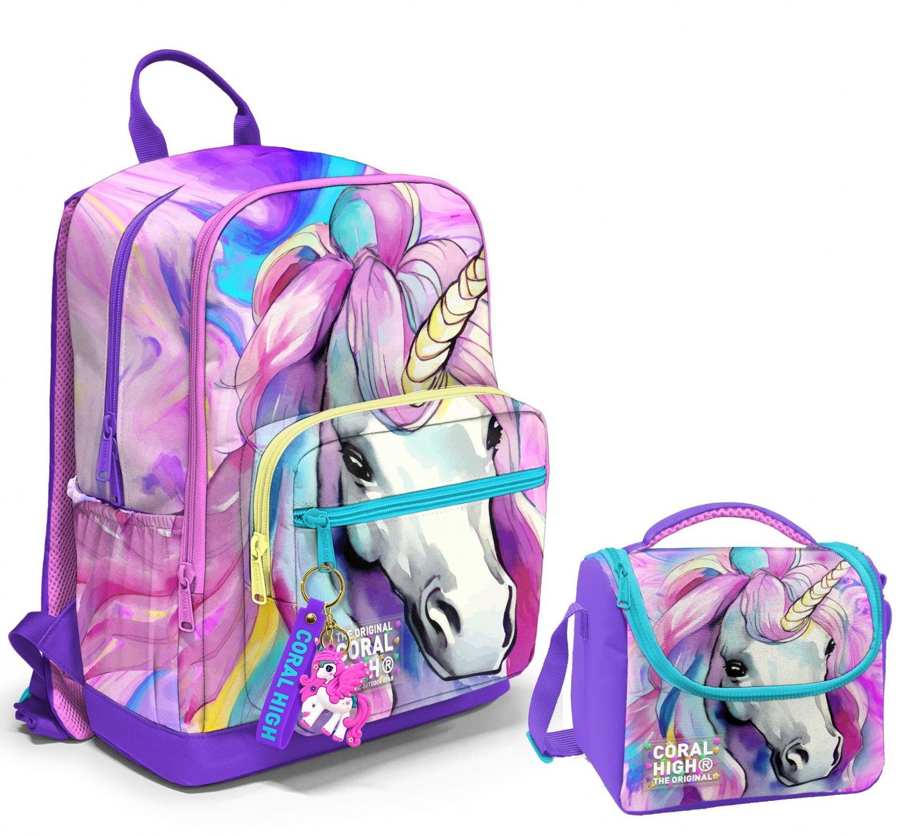 Coral High Dört Bölmeli Ortaokul Çantası ve Beslenme Çantası Seti - Unicorn - Kız Çocuk