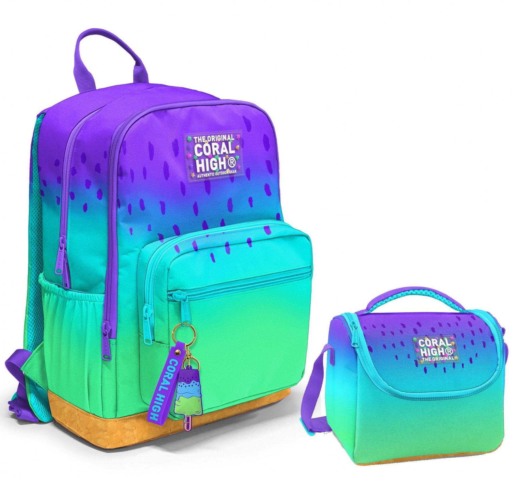 Coral High Dört Bölmeli Ortaokul Çantası ve Beslenme Çantası Seti - Mor Lila Renk Geçişli - Kız Çocuk