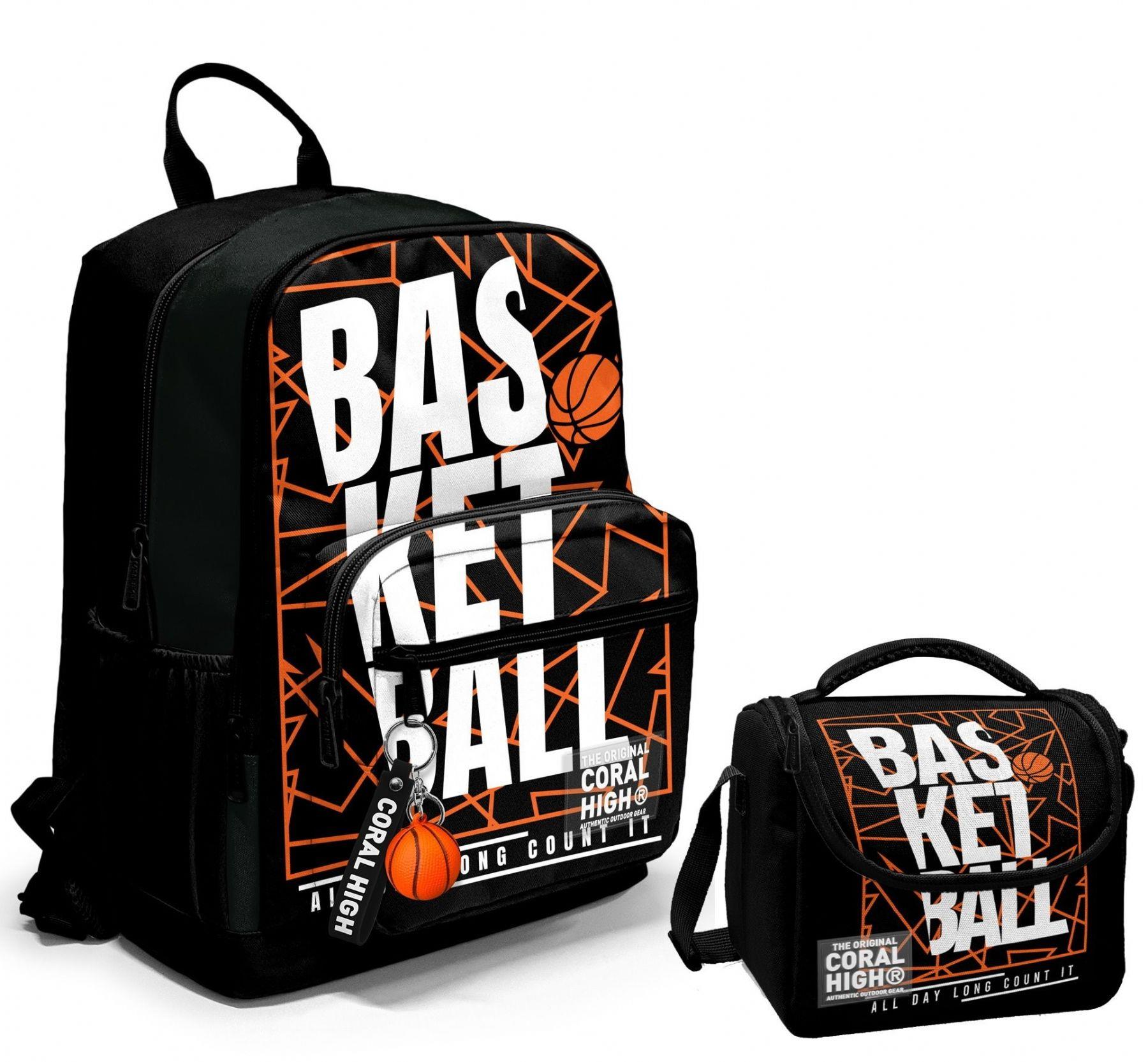 Coral High Dört Bölmeli Ortaokul Çantası ve Beslenme Çantası Seti - Siyah Basketbol - Erkek Çocuk