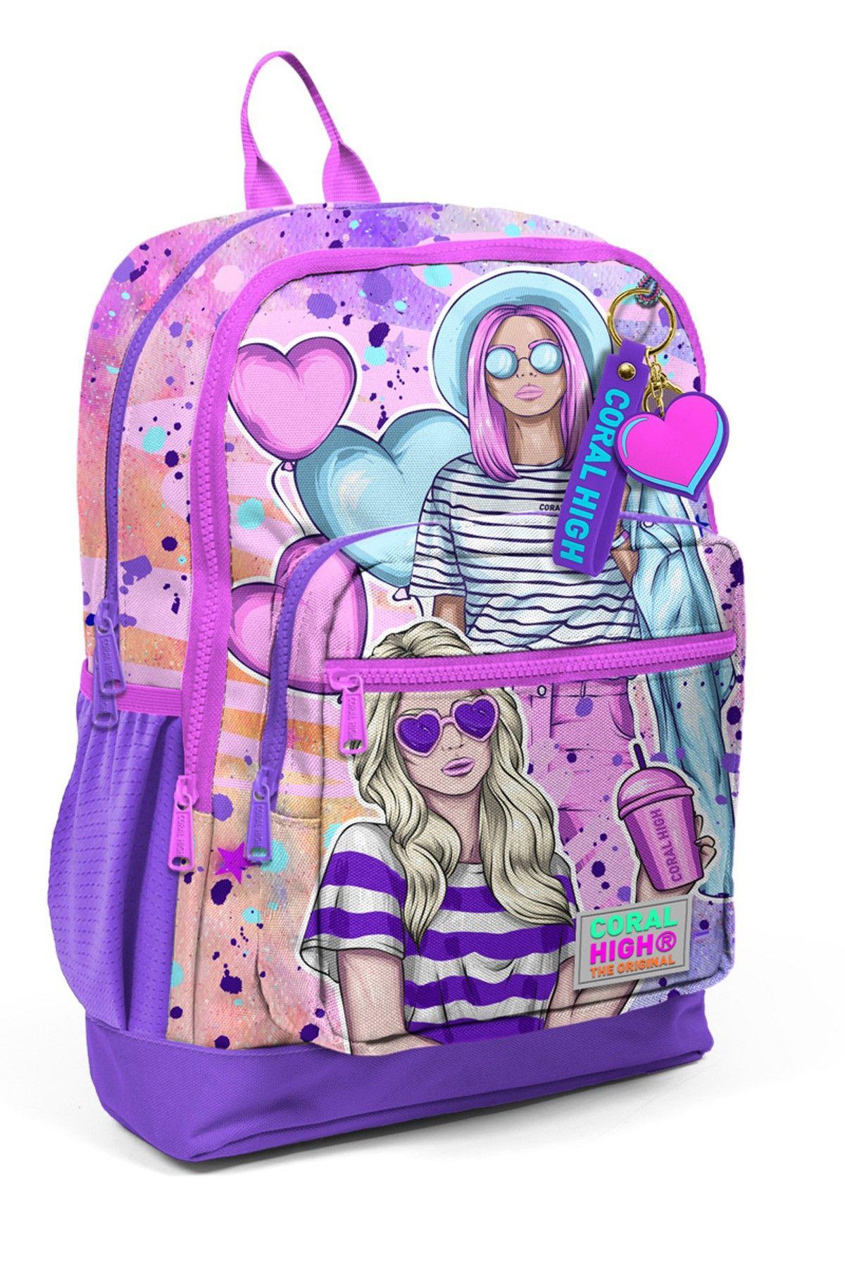 Coral High Dört Bölmeli Pembe Mor Fashion Girl Desenli İlkokul Sırt Çantası - Kız Çocuk