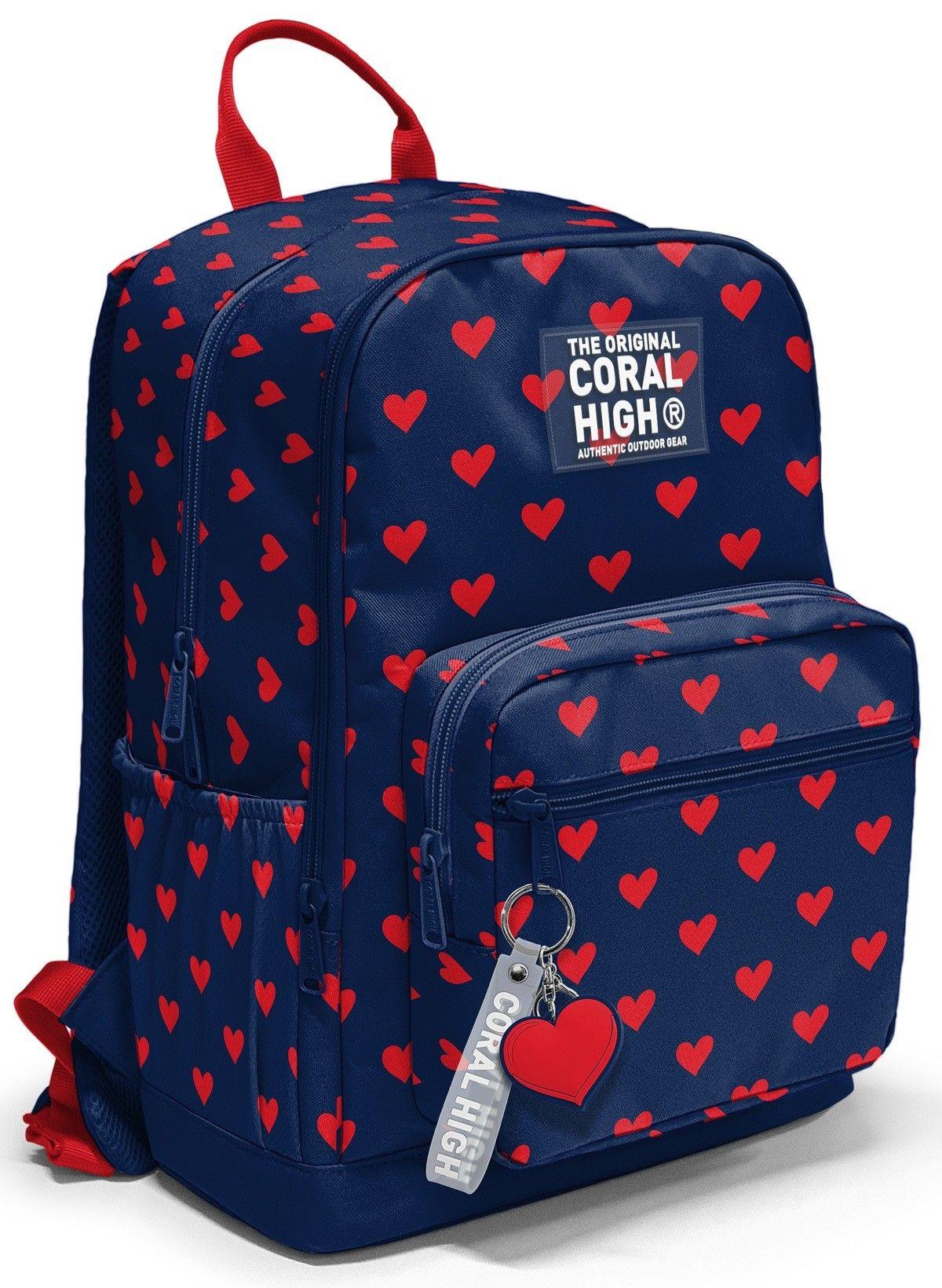 Coral High Dört Gözlü İlk ve Ortaokul Çantası - Kız Çocuk Lacivert Kırmızı Kalp Desenli 33229