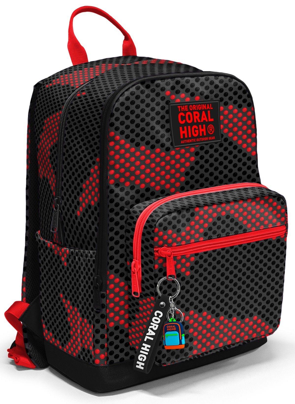 Coral High Dört Gözlü İlk ve Ortaokul Çantası - Erkek Çocuk Siyah Kırmızı Nokta Desenli 33233