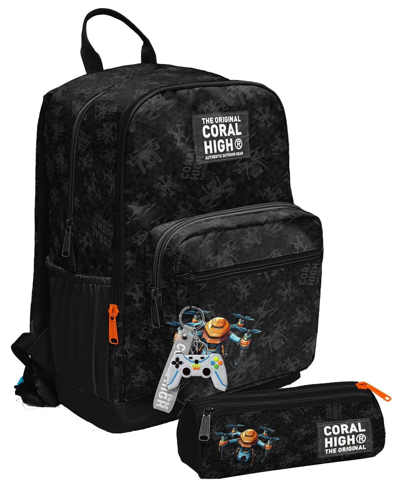 Coral High Erkek Çocuk Dört Gözlü Okul Sırt Çantası ve  Kalemlik Seti - Drone Pilotu Siyah - İlkokul ve Ortaokul İçin Uygun