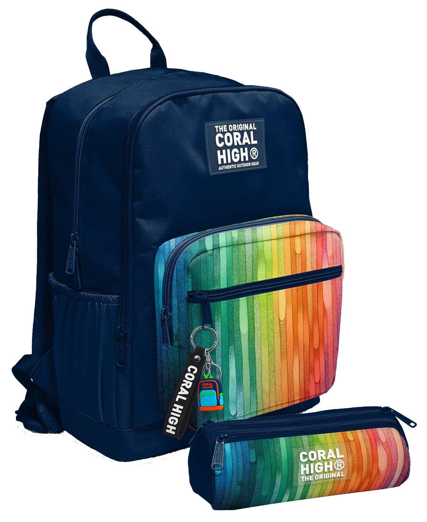 Coral High Erkek Çocuk Dört Gözlü Okul Sırt Çantası ve  Kalemlik Seti - Lacivert Çok Renkli Çizgi Desenli - İlkokul ve Ortaokul İçin Uygun