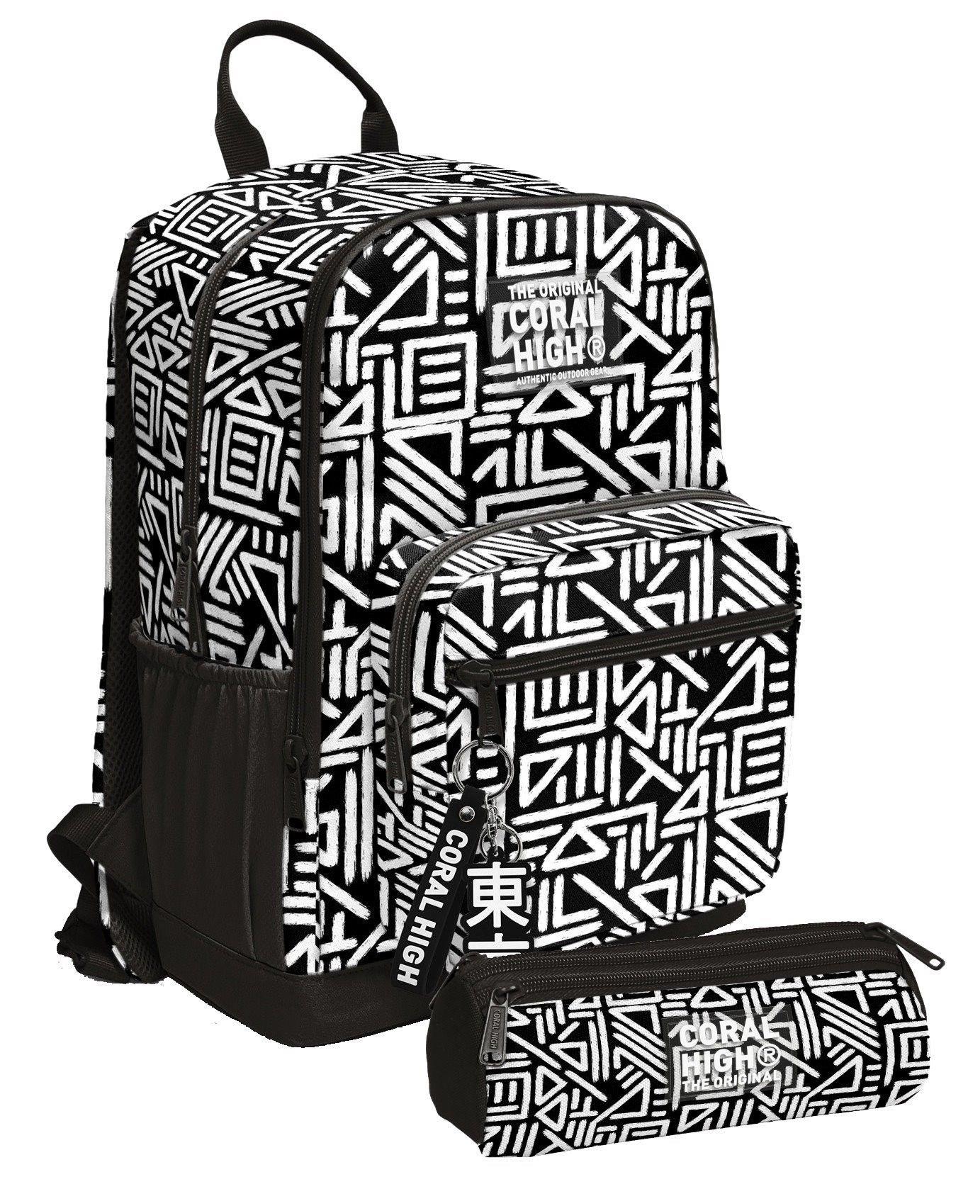 Coral High Erkek Çocuk Dört Gözlü Okul Sırt Çantası ve  Kalemlik Seti - Siyah Beyaz Geometrik Şekiller - İlkokul ve Ortaokul İçin Uygun