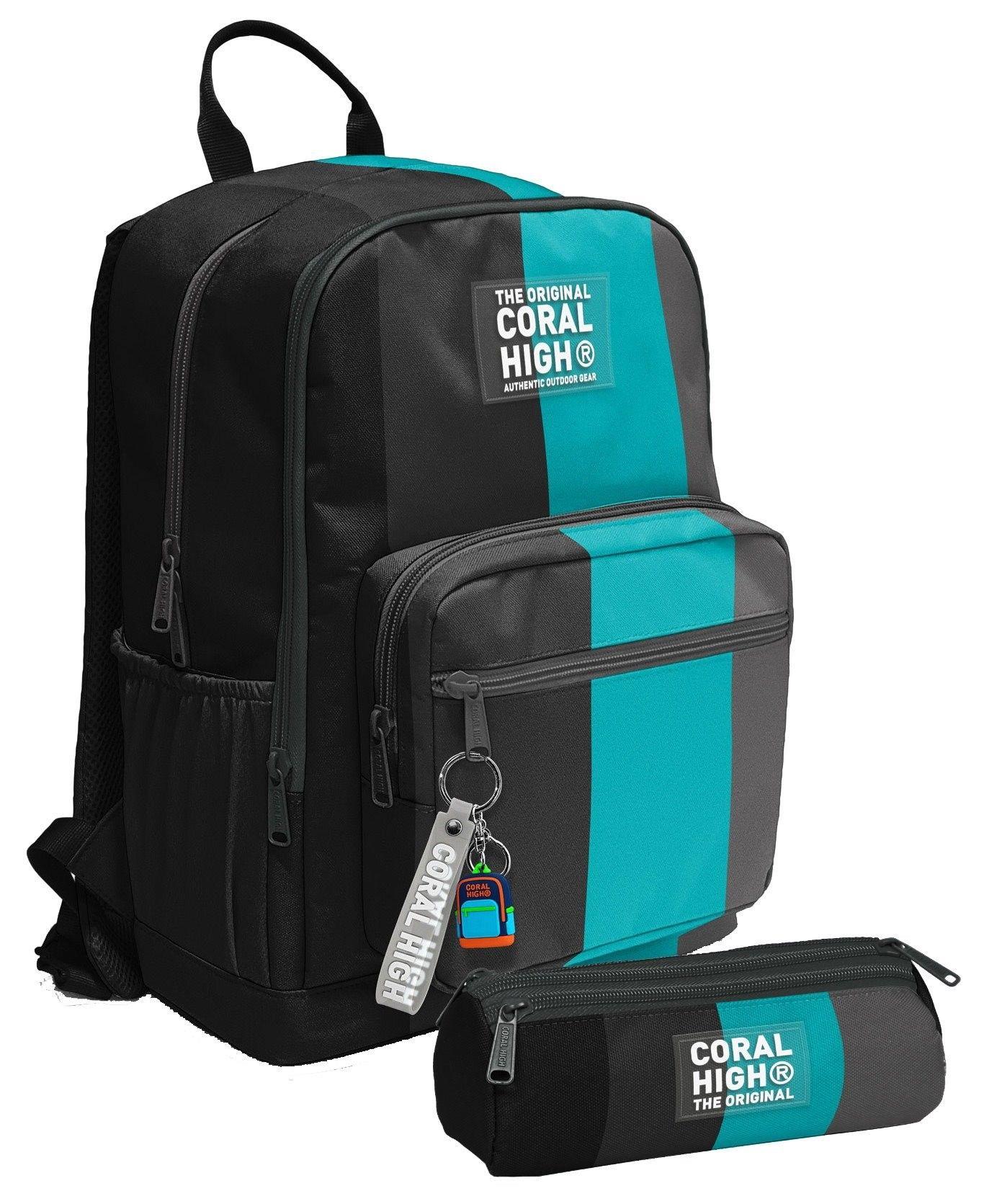 Coral High Erkek Çocuk Dört Gözlü Okul Sırt Çantası ve  Kalemlik Seti - Siyah Turkuaz Çizgili - İlkokul ve Ortaokul İçin Uygun