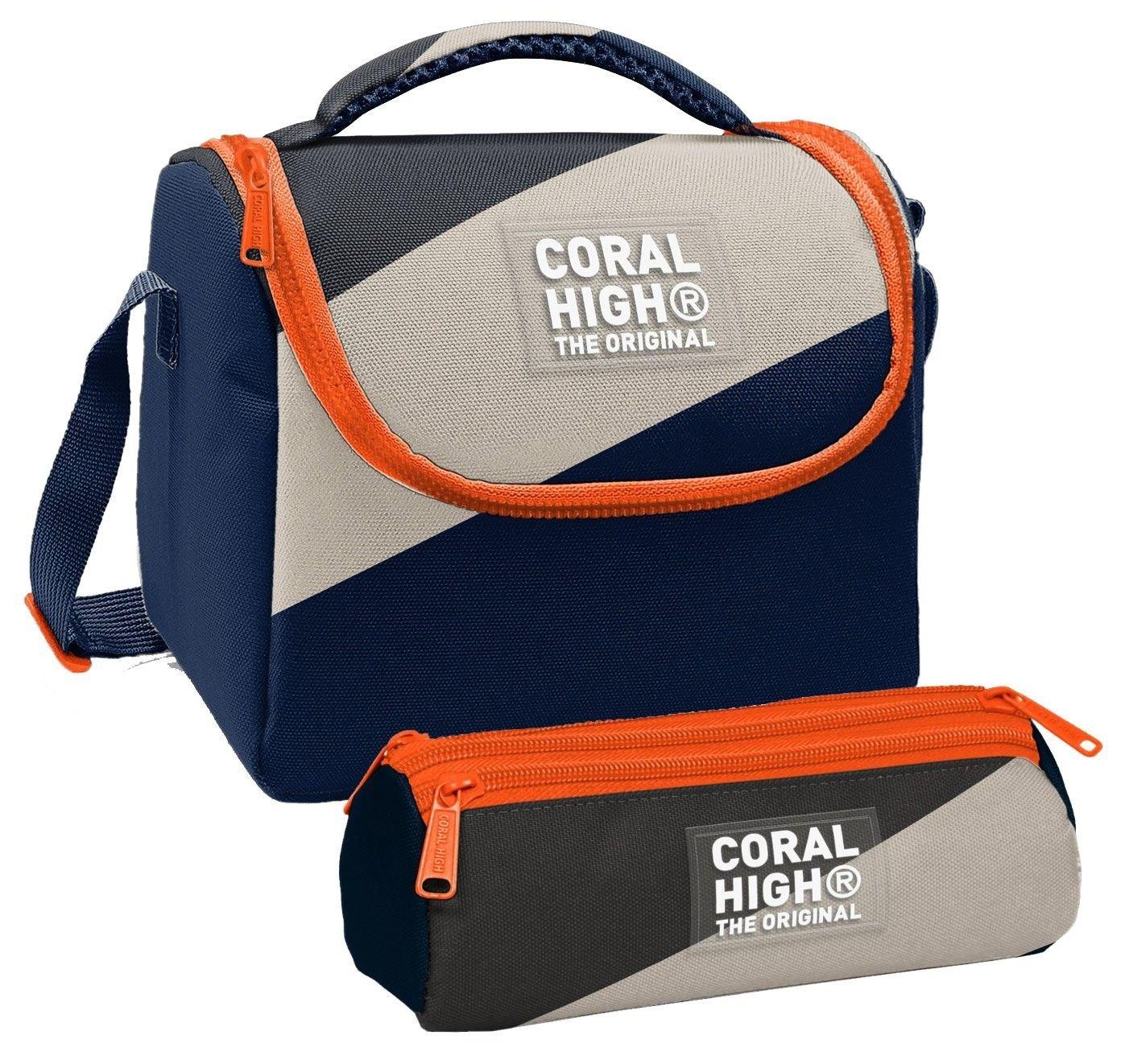 Coral High Erkek Çocuk Lacivert Bej Renkli Çizgili Thermo Beslenme Çantası ve Üç Bölmeli Kalem Çantası Seti