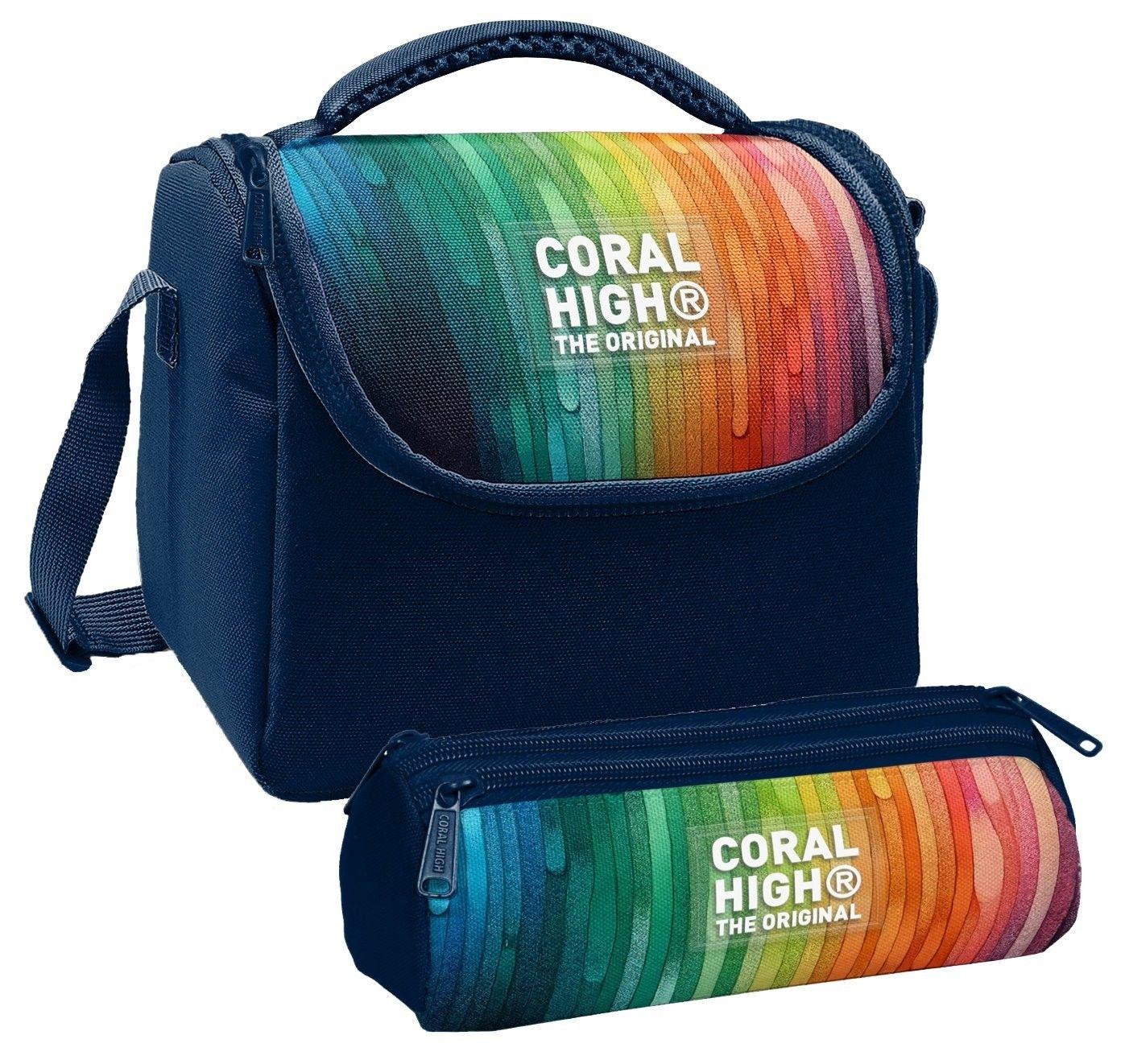 Coral High Erkek Çocuk Lacivert Çok Renkli Çizgi Desenli Thermo Beslenme Çantası ve Üç Bölmeli Kalem Çantası Seti