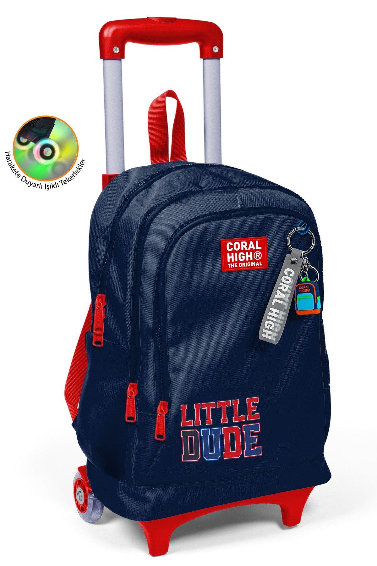 Coral High Erkek Çocuk Lacivert Kırmızı Little Dude Baskılı Işıklı Tekerlekli Çekçek Okul Çantası - 34019