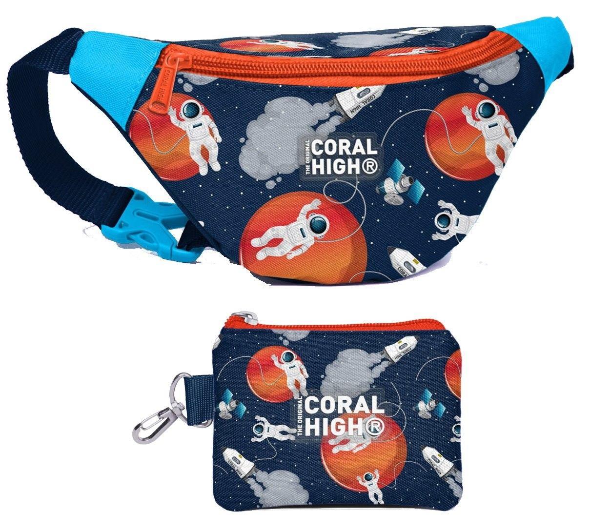 Coral High Erkek Çocuk Lacivert Mavi Astronot Desenli Bel Çantası ve Bozuk Para Cüzdanı Set