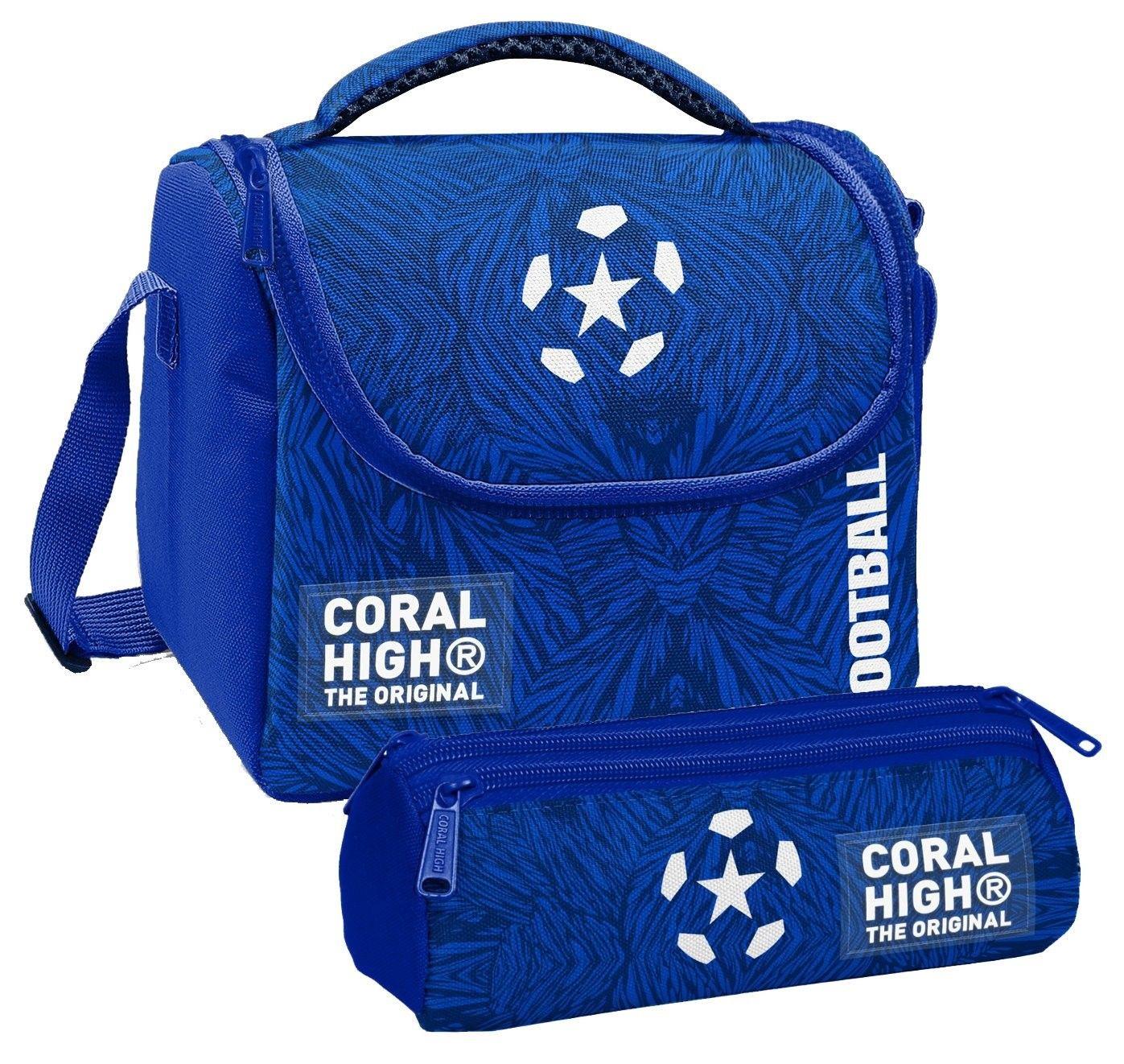 Coral High Erkek Çocuk Lacivert Mavi Futbol Thermo Beslenme Çantası ve Üç Bölmeli Kalem Çantası Seti