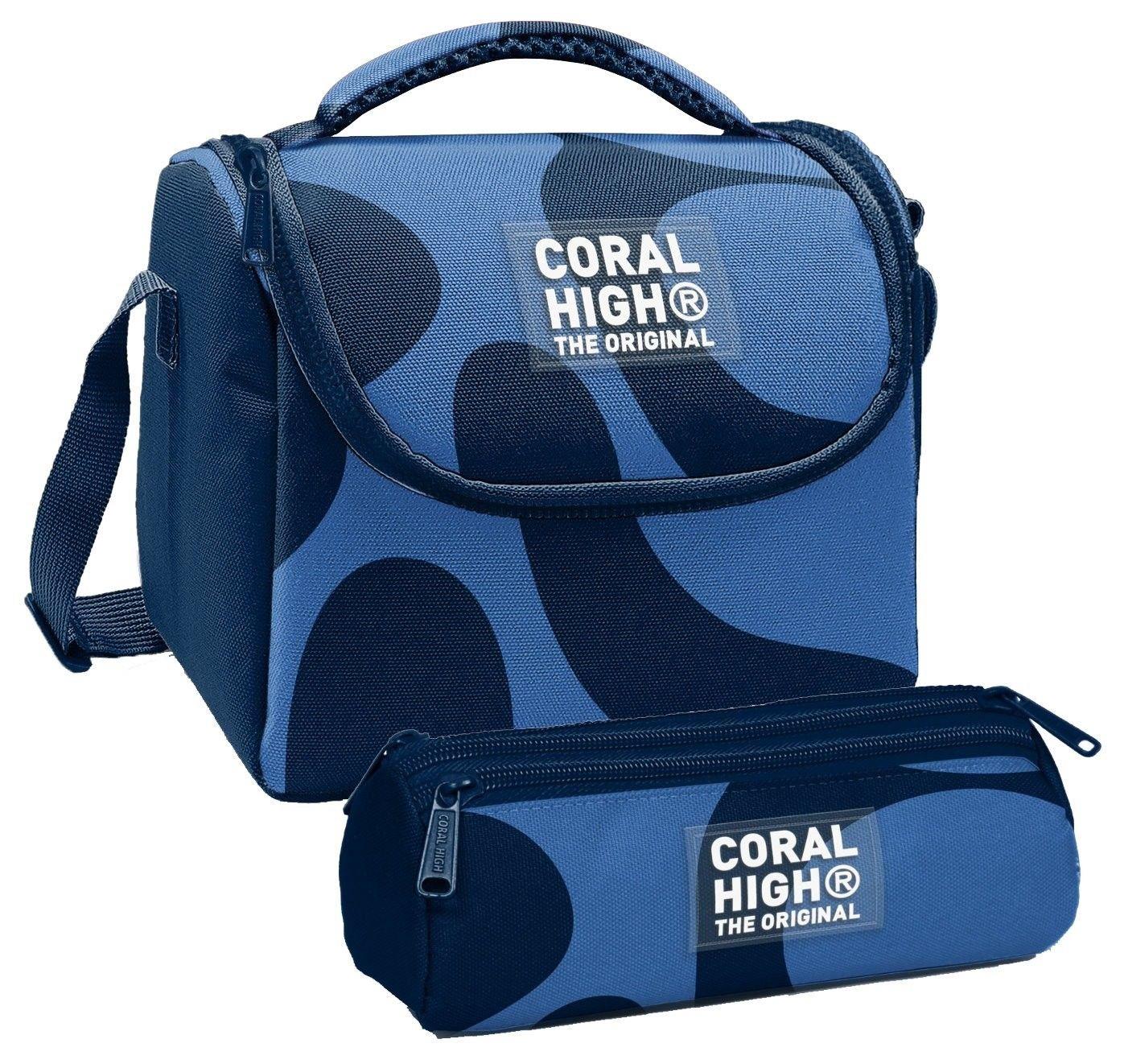 Coral High Erkek Çocuk Lacivert Mavi Renkli Çizgili Thermo Beslenme Çantası ve Üç Bölmeli Kalem Çantası Seti