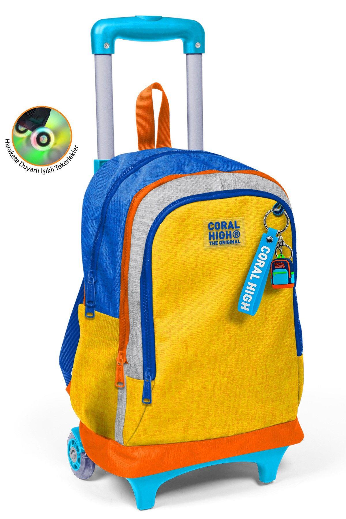 Coral High Erkek Çocuk Mavi Gri Turuncu Çizgi Desenli Işıklı Tekerlekli Çekçek Okul Çantası - 34021