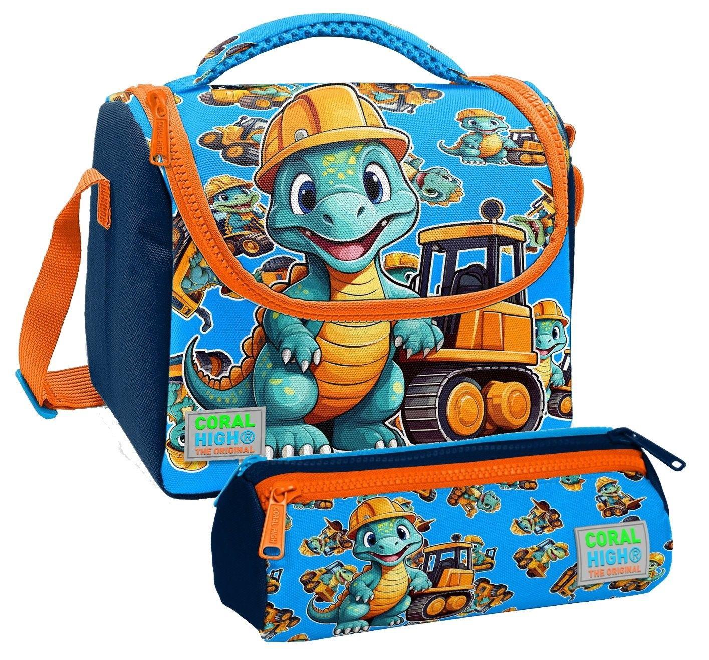 Coral High Erkek Çocuk Mavi İş Makineleri ve Dinazor Thermo Beslenme Çantası ve Üç Bölmeli Kalem Çantası Seti
