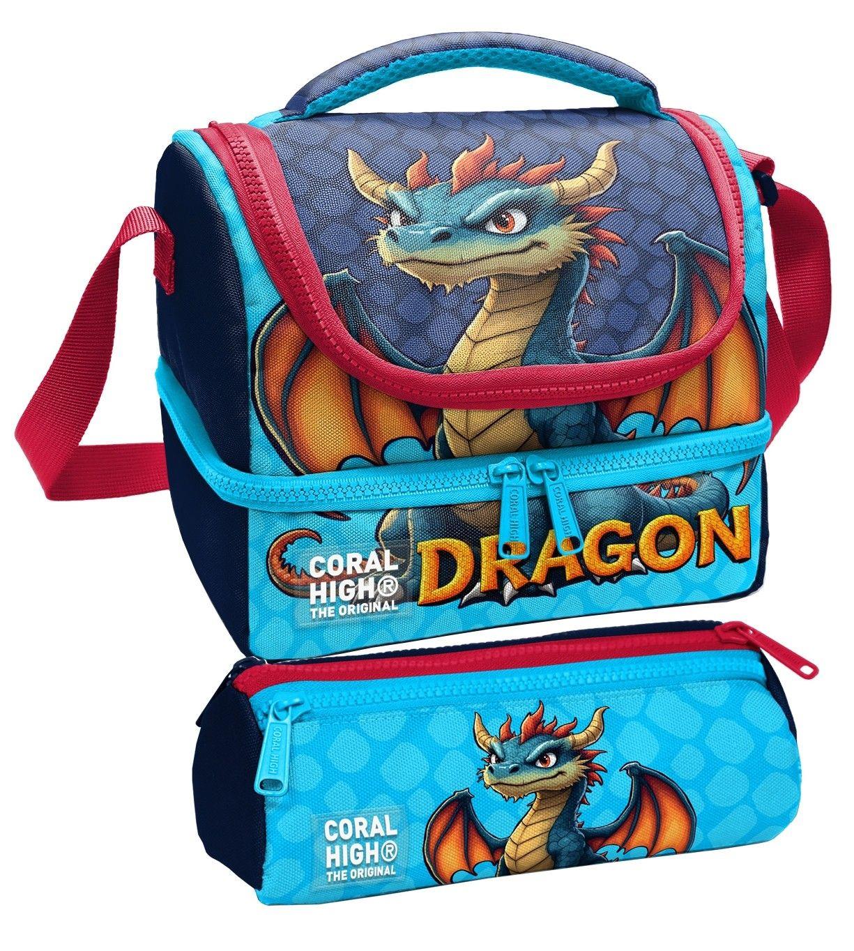 Coral High Erkek Çocuk Mavi Sarı Dragon Desenli İki Katlı Beslenme Çantası ve Kalemlik Seti (37206+31013)