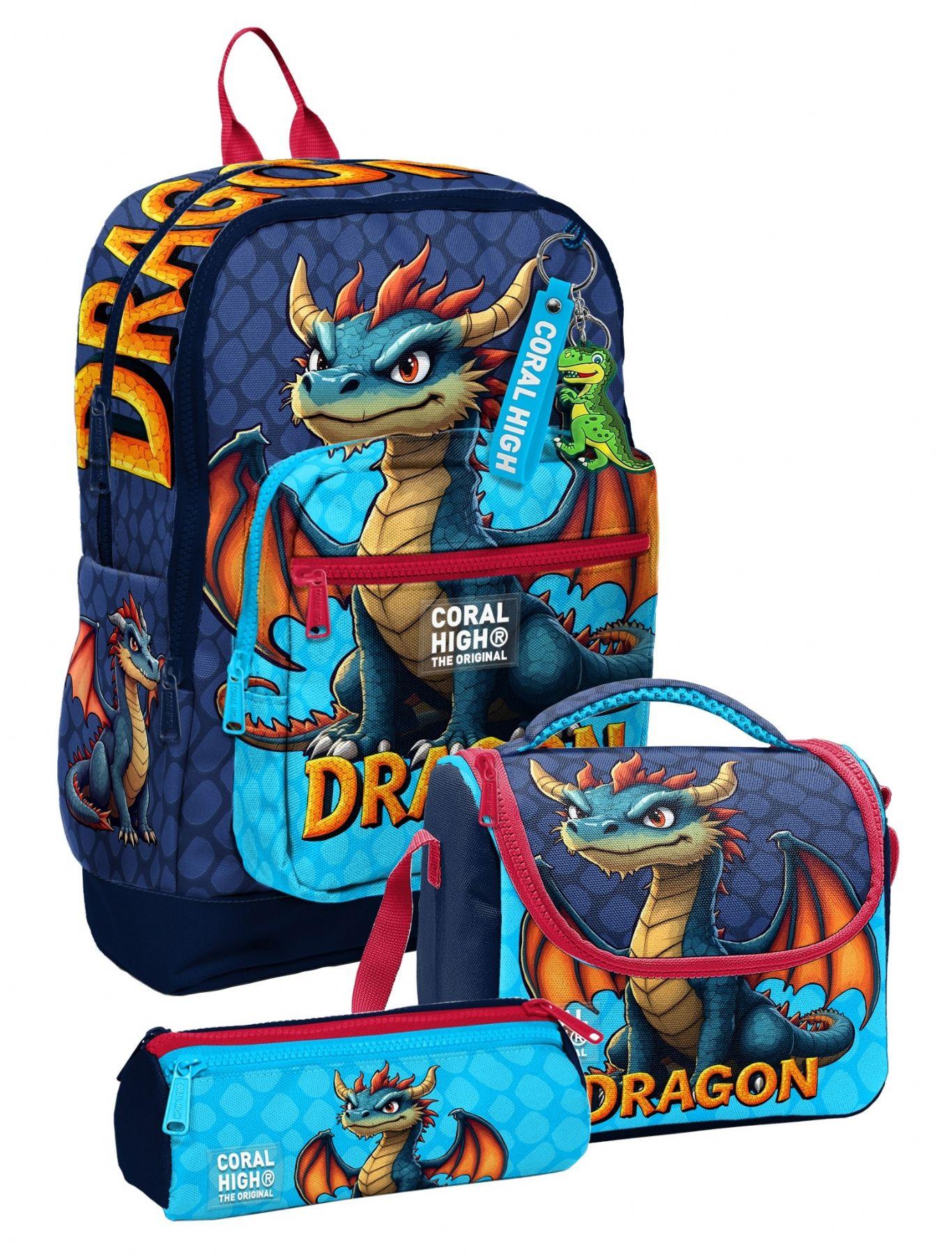 Coral High Erkek Çocuk Mavi Sarı Dragon Desenli Üçlü İlkokul Okul Çanta Seti SETYGN33213A