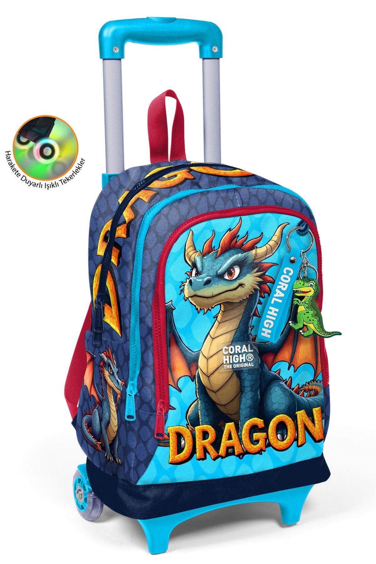 Coral High Erkek Çocuk Mavi Sarı Dragon Desenli Işıklı Tekerlekli Çekçek Okul Çantası - 34013