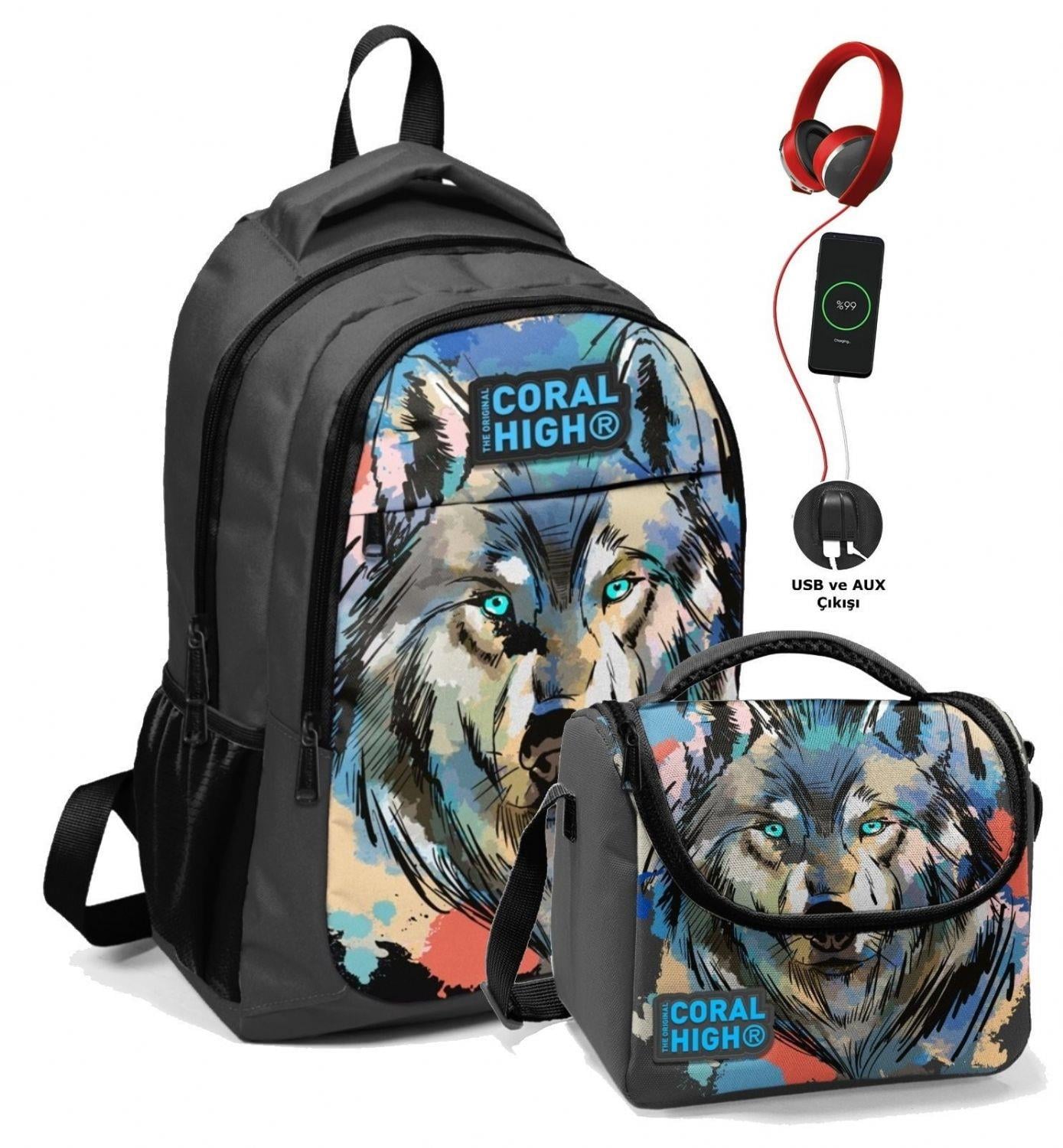 Coral High Erkek Çocuk Okul Çantası ve Beslenme Çantası Seti - Siyah Gri Kurt