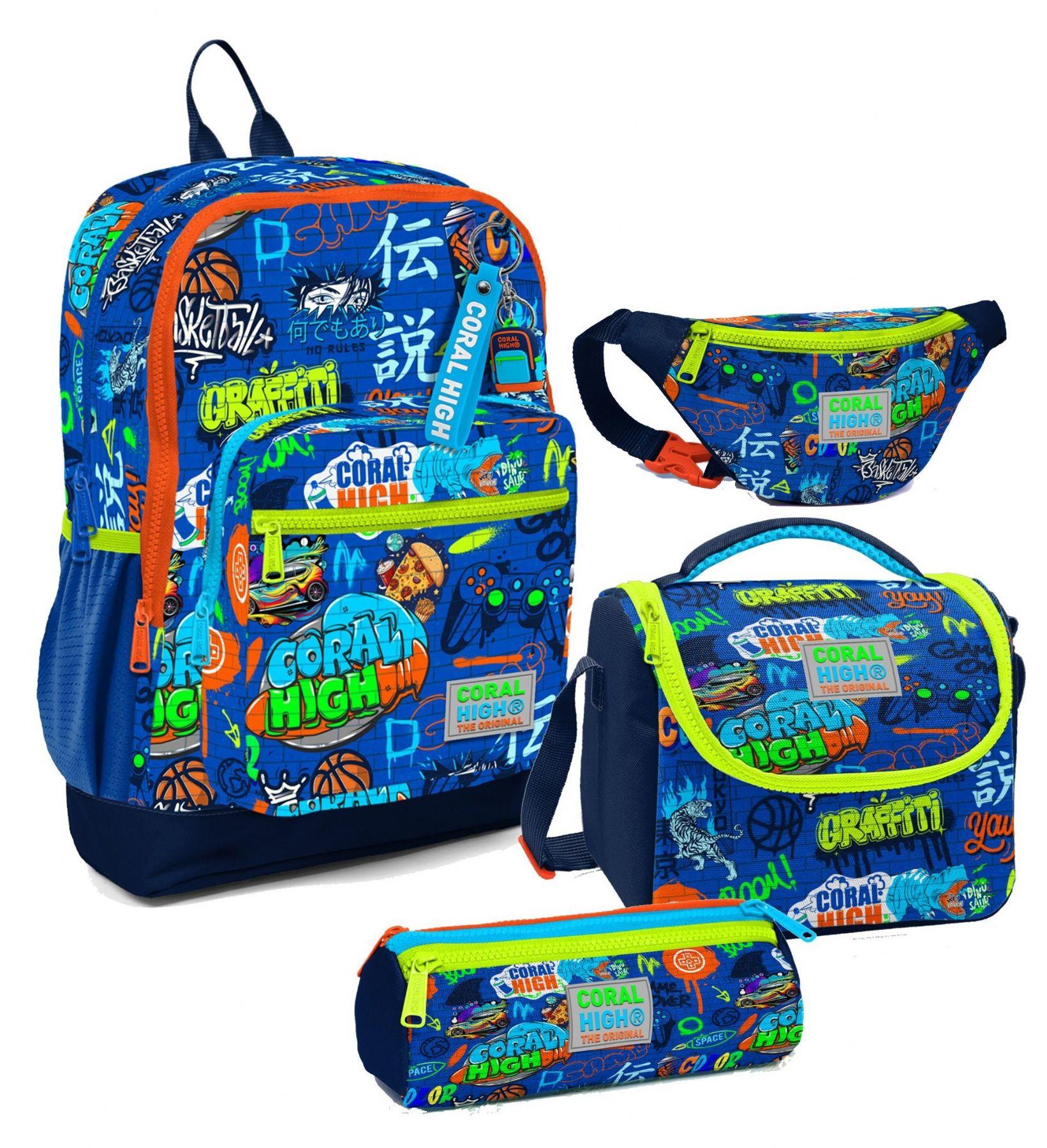 Coral High Erkek Çocuk Saks Grafiti Desenli İlkokul Okul Çanta Seti ve Bel Çantası