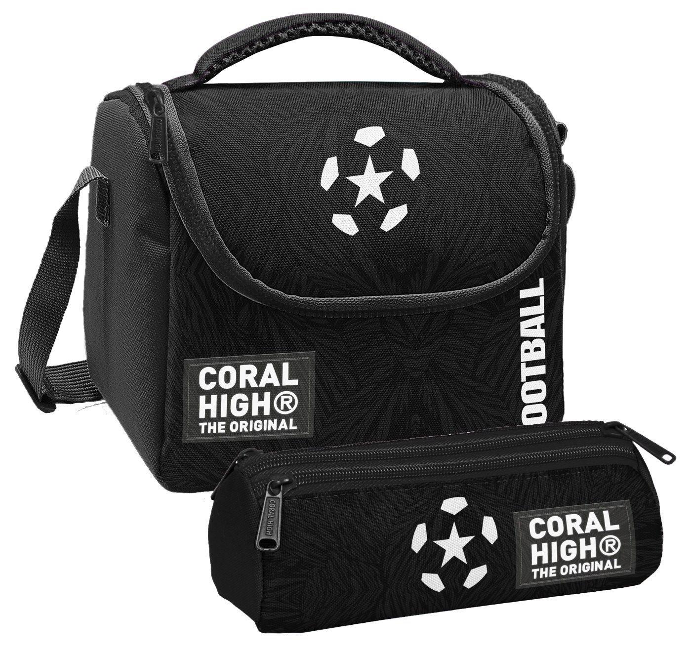 Coral High Erkek Çocuk Siyah Beyaz Futbol Thermo Beslenme Çantası ve Üç Bölmeli Kalem Çantası Seti
