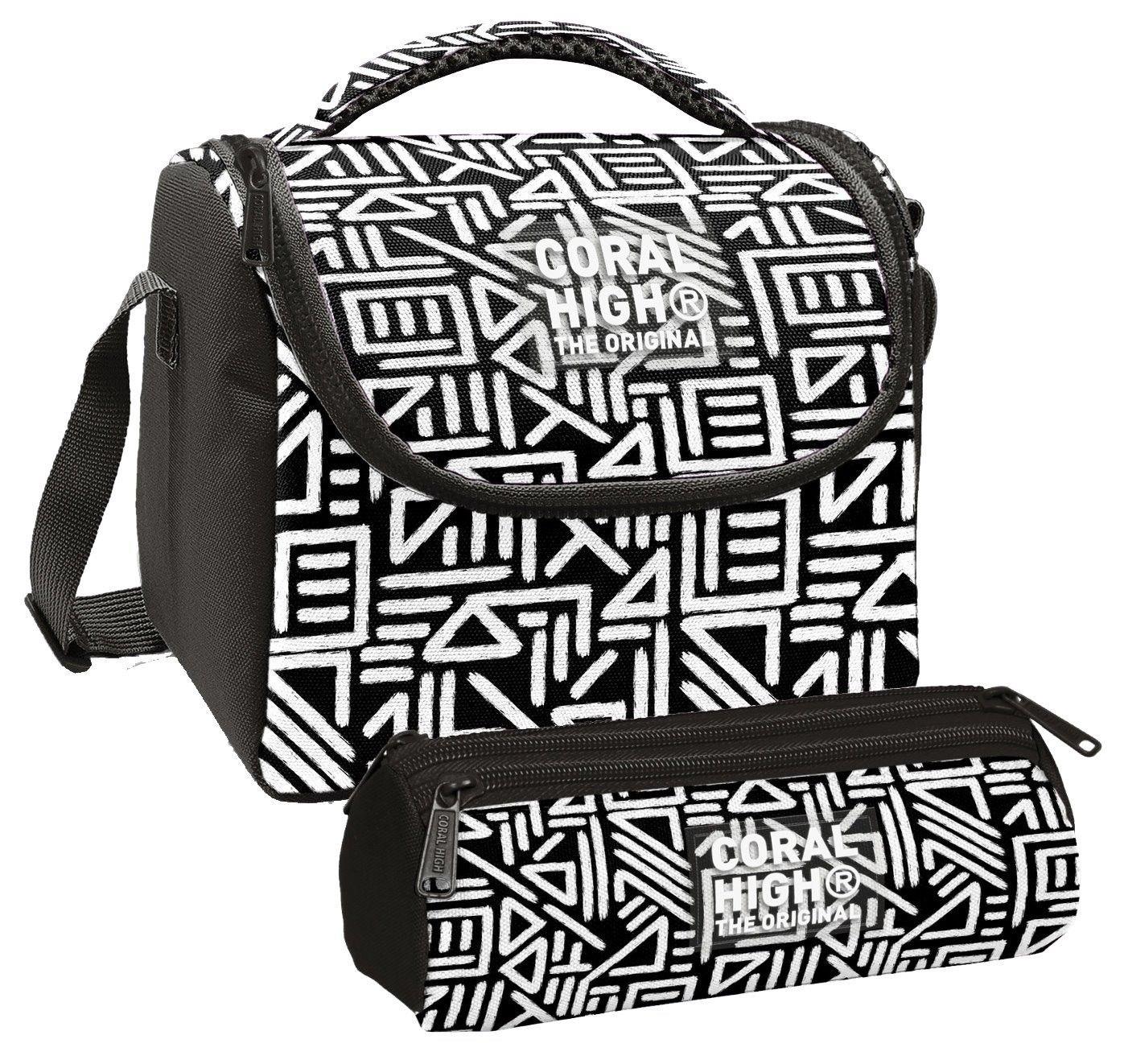 Coral High Erkek Çocuk Siyah Beyaz Geometrik Şekiller Thermo Beslenme Çantası ve Üç Bölmeli Kalem Çantası Seti