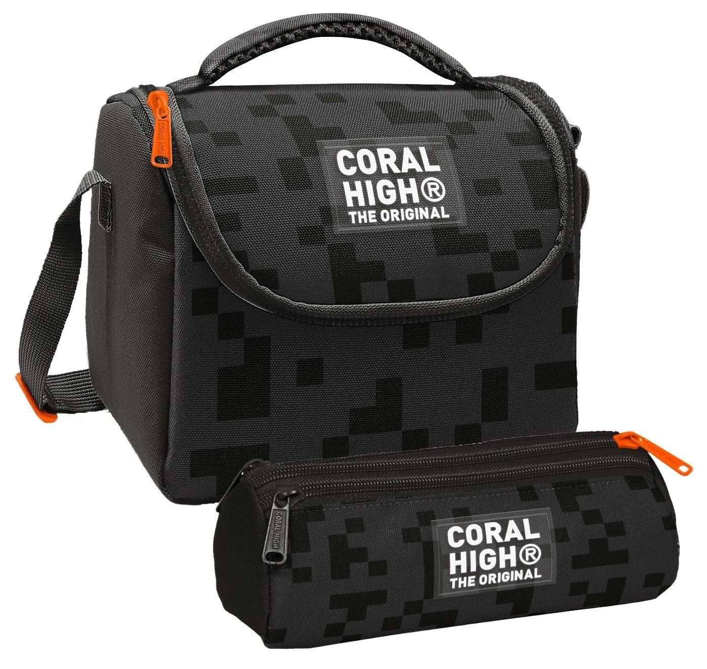 Coral High Erkek Çocuk Siyah Blok Desenli Thermo Beslenme Çantası ve Üç Bölmeli Kalem Çantası Seti