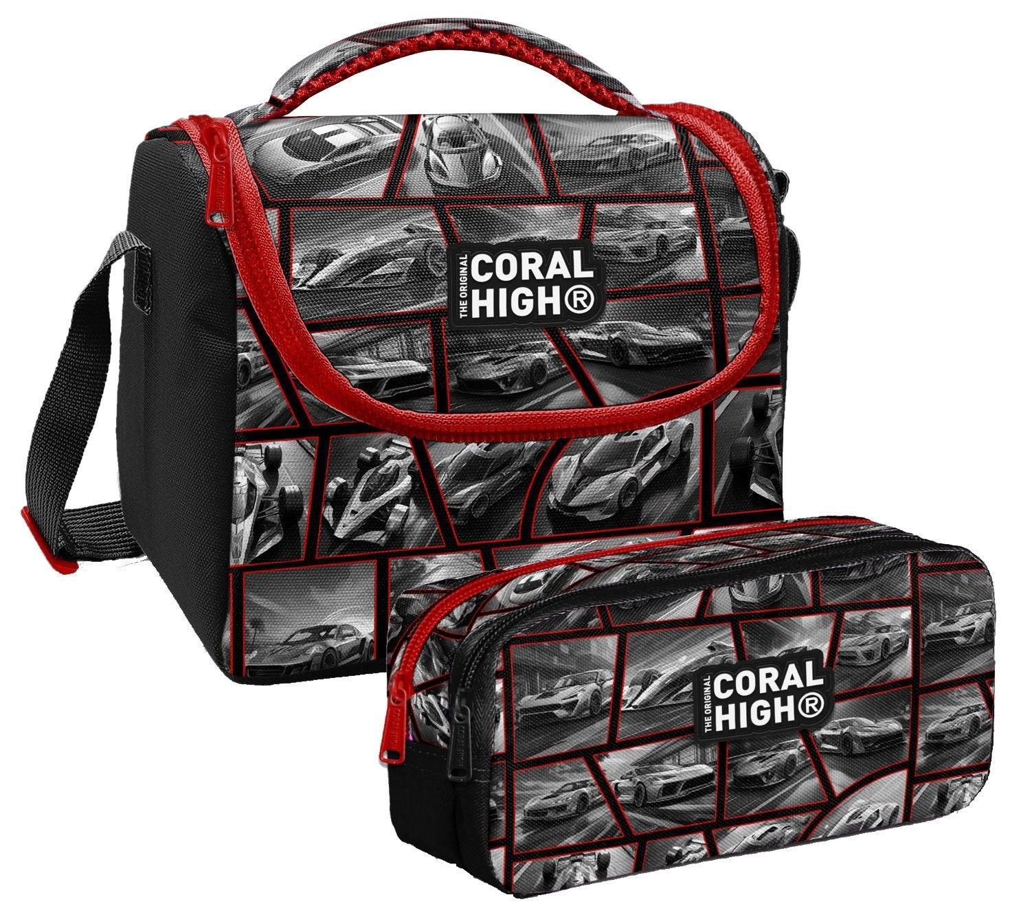 Coral High Erkek Çocuk Siyah Kırmızı Araba Thermo Beslenme Çantası ve İki Bölmeli Kalemlik Seti