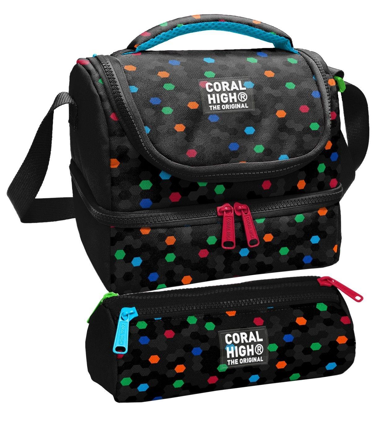 Coral High Erkek Çocuk Siyah Petek Desenli İki Katlı Beslenme Çantası ve Kalemlik Seti (37204+31010)