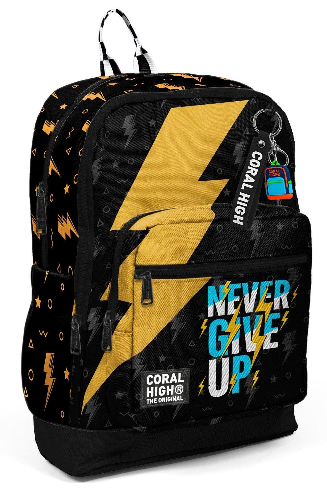 Coral High Erkek Çocuk Siyah Sarı Never Give Up Baskılı İlkokul Sırt Çantası (Dört Bölme) 33220