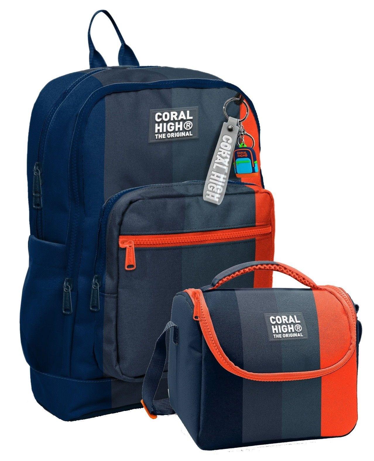 Coral High Erkek Çocuklar İçin Dayanıklı İkili İlk Okul Çanta Seti  - Siyah Turuncu Renkli Çizgili
