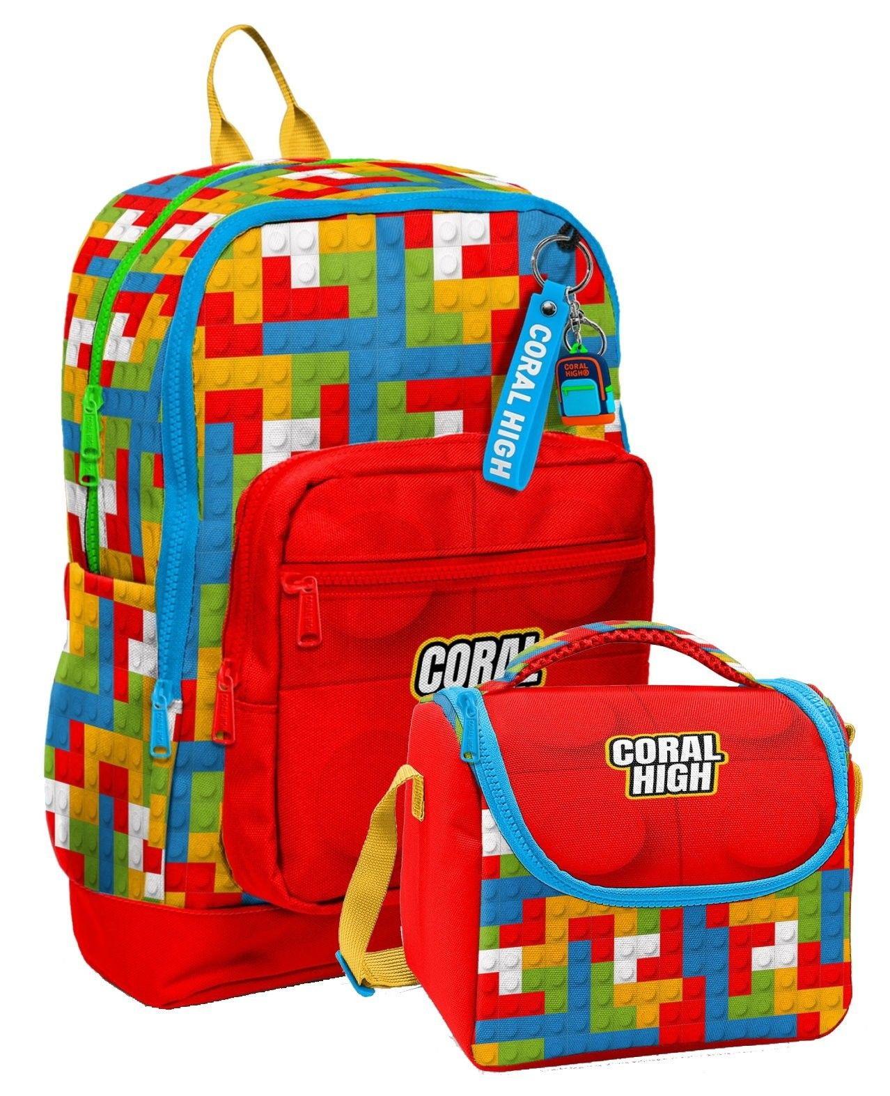Coral High Erkek Çocuklar İçin Dayanıklı İkili İlk Okul Çanta Seti  - Kırmızı Yapı Blokları