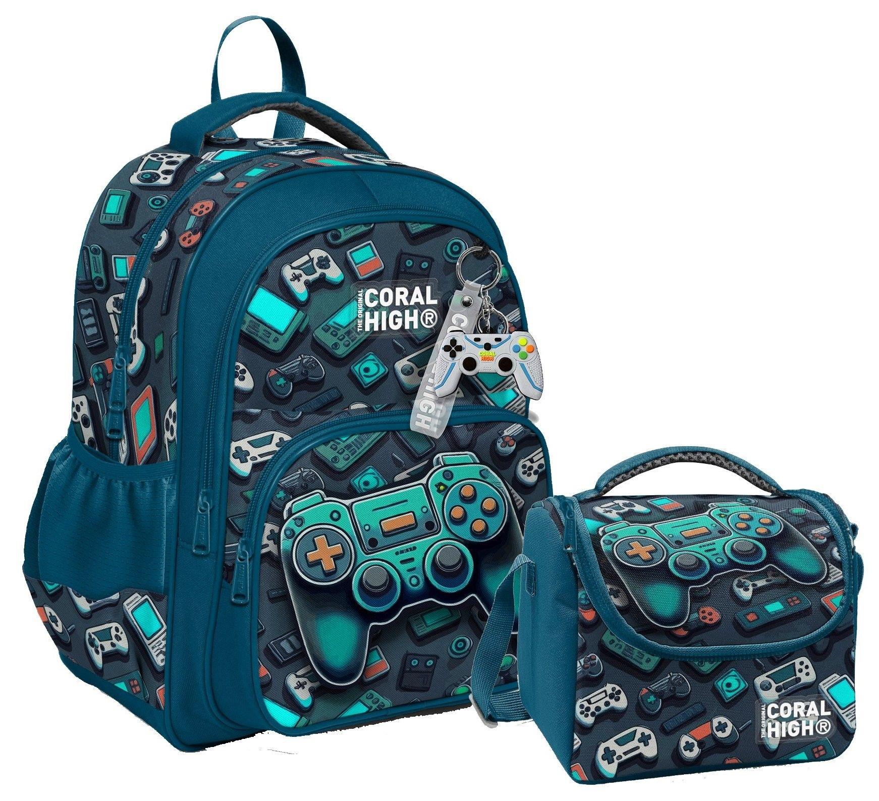 Coral High Erkek Çocuklara Özel İlkokul Çantası ve Beslenme Çantası Takım - Nefti Yeşil Oyun Konsolu