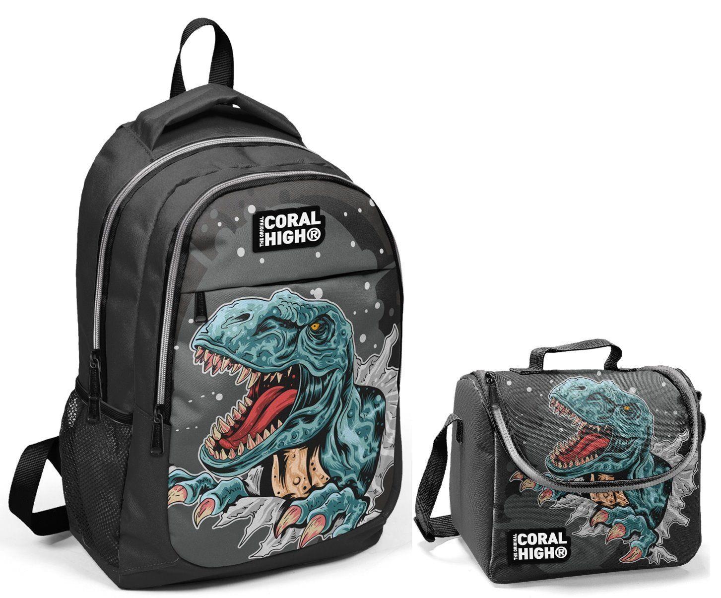 Coral High Erkek Gri Dinazor Baskılı Okul Sırt Çantası ve Beslenme Çantası