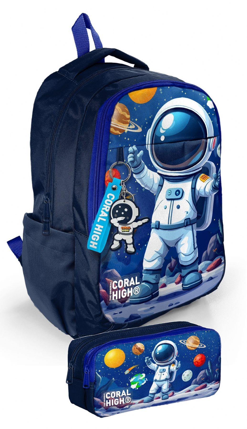 Coral High Erkek İlkokul ve Ortaokul Sırt Çantası+Kalemlik Seti - Lacivert Beyaz Astronot Baskılı