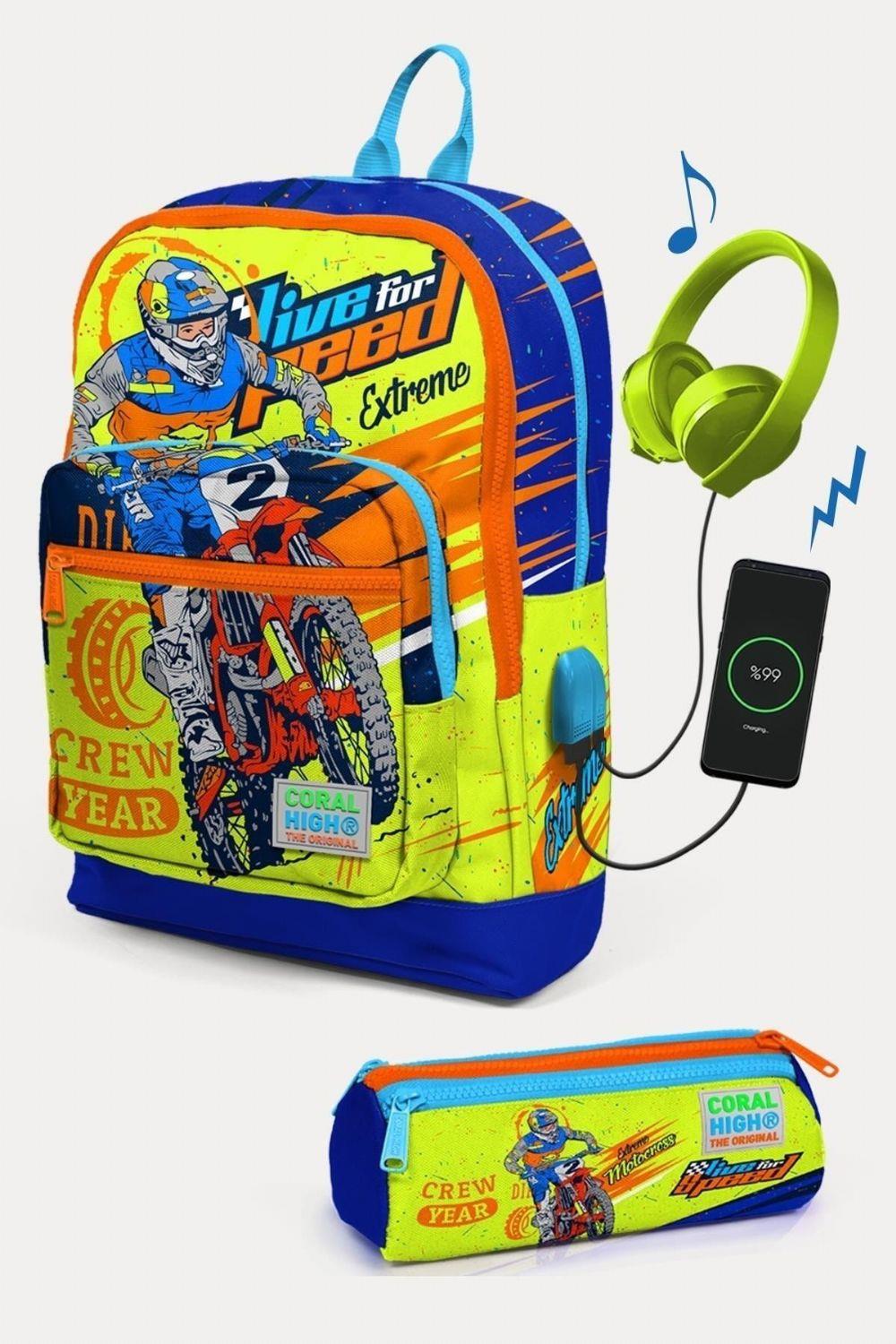 Coral High Fosforlu Sarı Saks Motorsiklet Desenli Erkek Çocuk USB'li 2'li Okul Çanta Seti